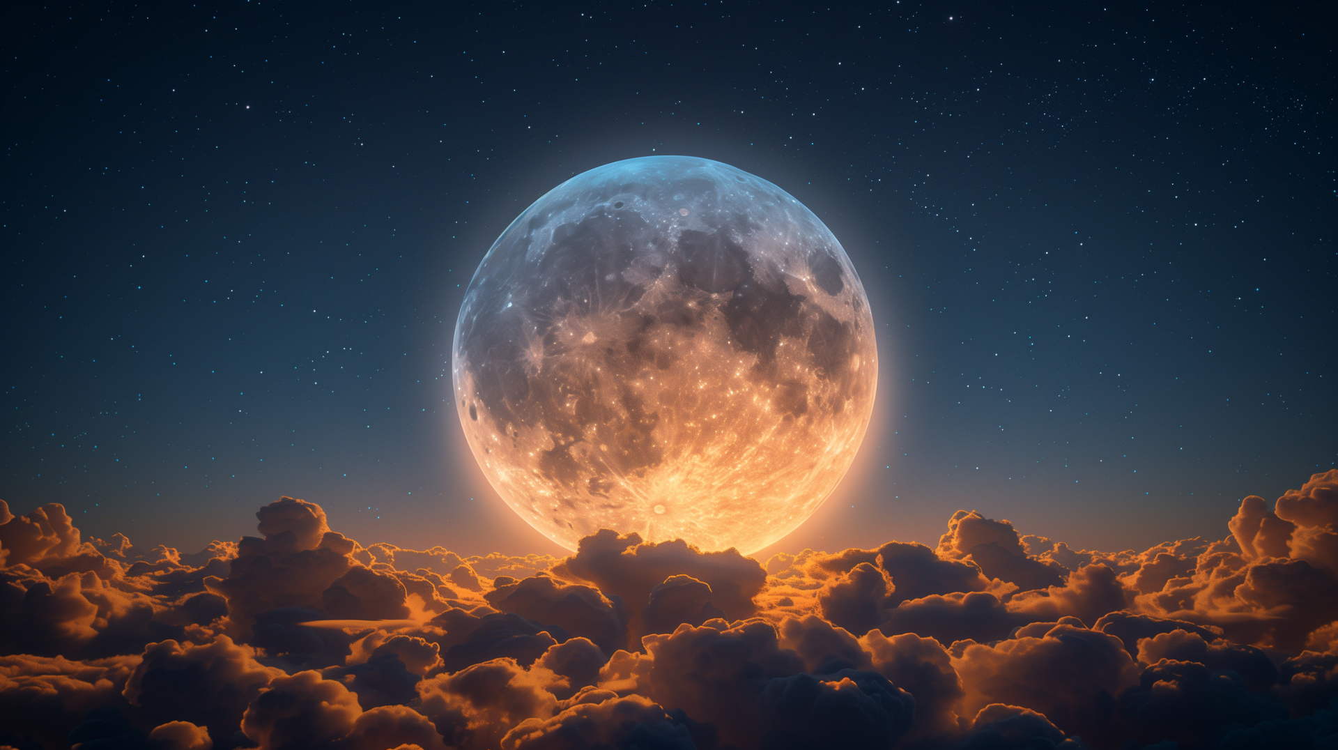 A stunning moonrise fills the sky, casting a warm glow over fluffy clouds. This captivating scene makes for an enchanting HD desktop wallpaper and background.