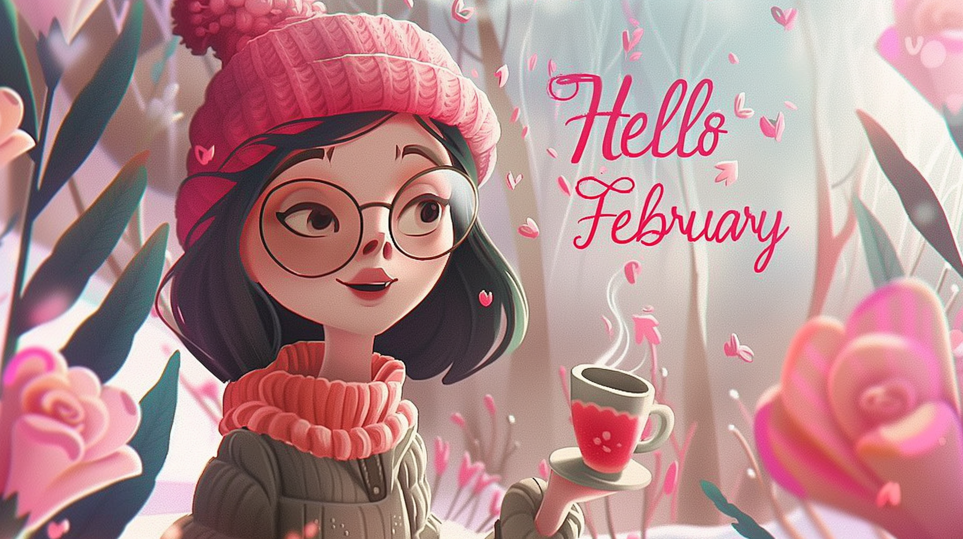 A charming illustration featuring a girl in a pink beanie and sweater, holding a steaming cup, surrounded by flowers, with the words Hello February artfully displayed. HD desktop wallpaper.