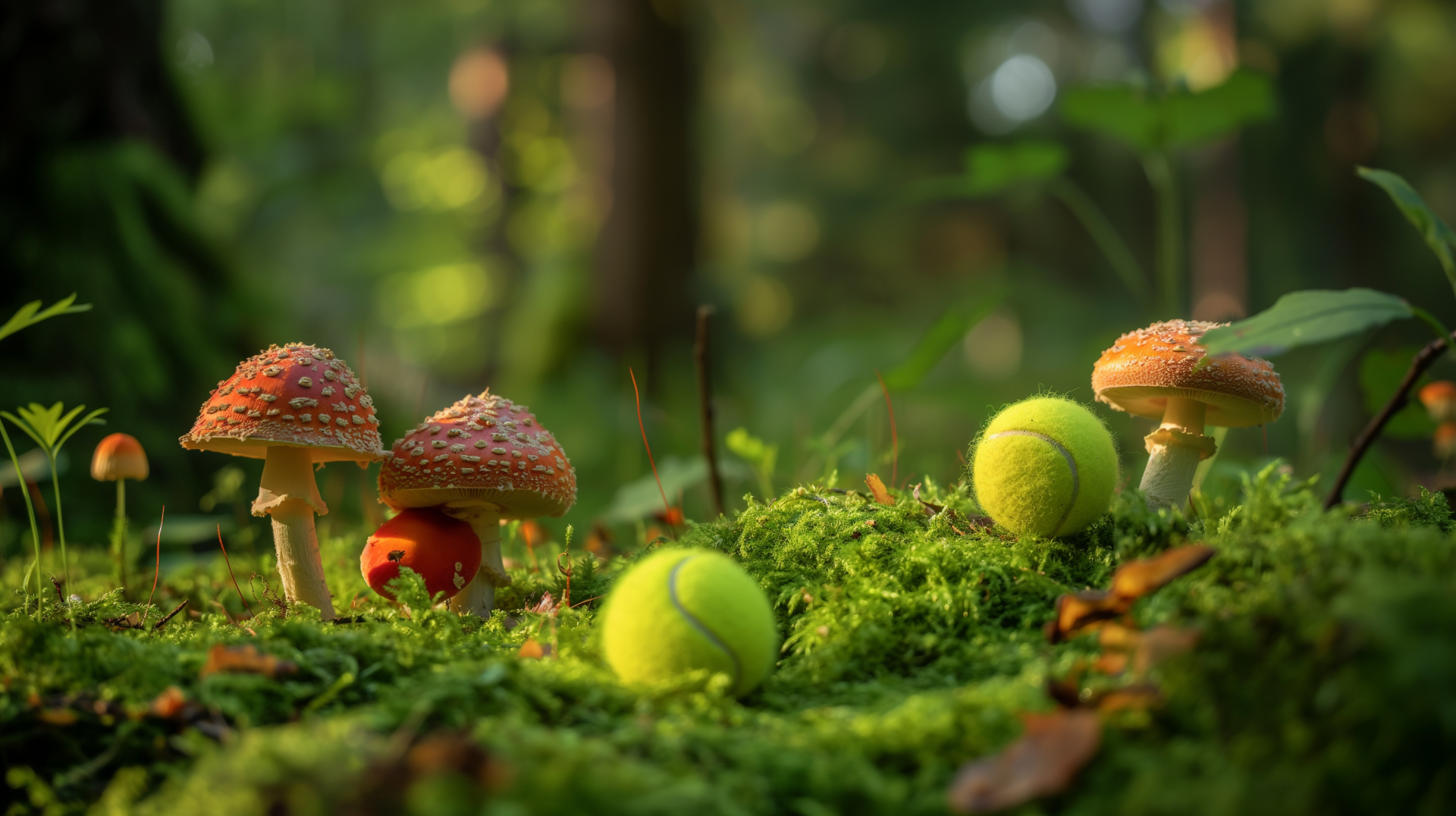 HD desktop wallpaper featuring tennis balls and mushrooms in a sunlit forest setting.