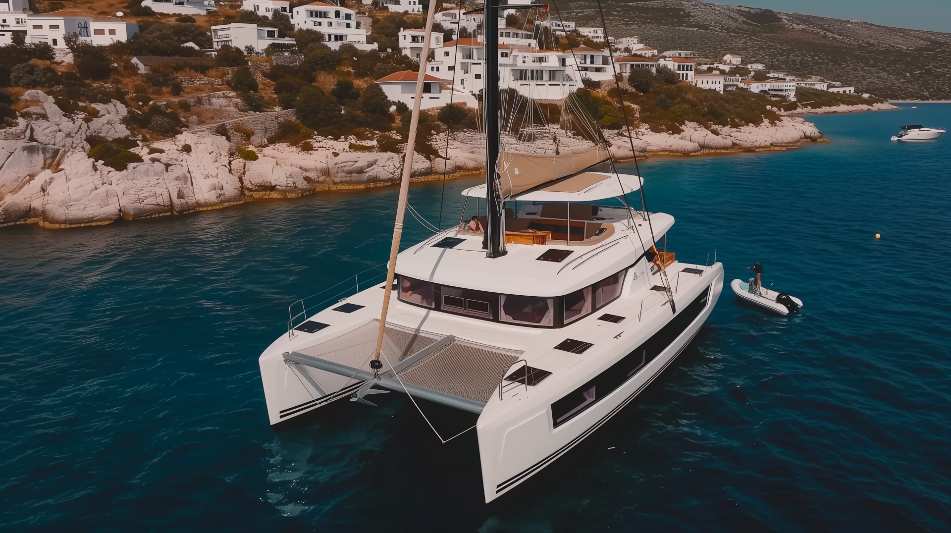 A sleek catamaran anchored near a picturesque shoreline, complemented by charming white houses on the hills above. This stunning image serves as an HD desktop wallpaper or background.