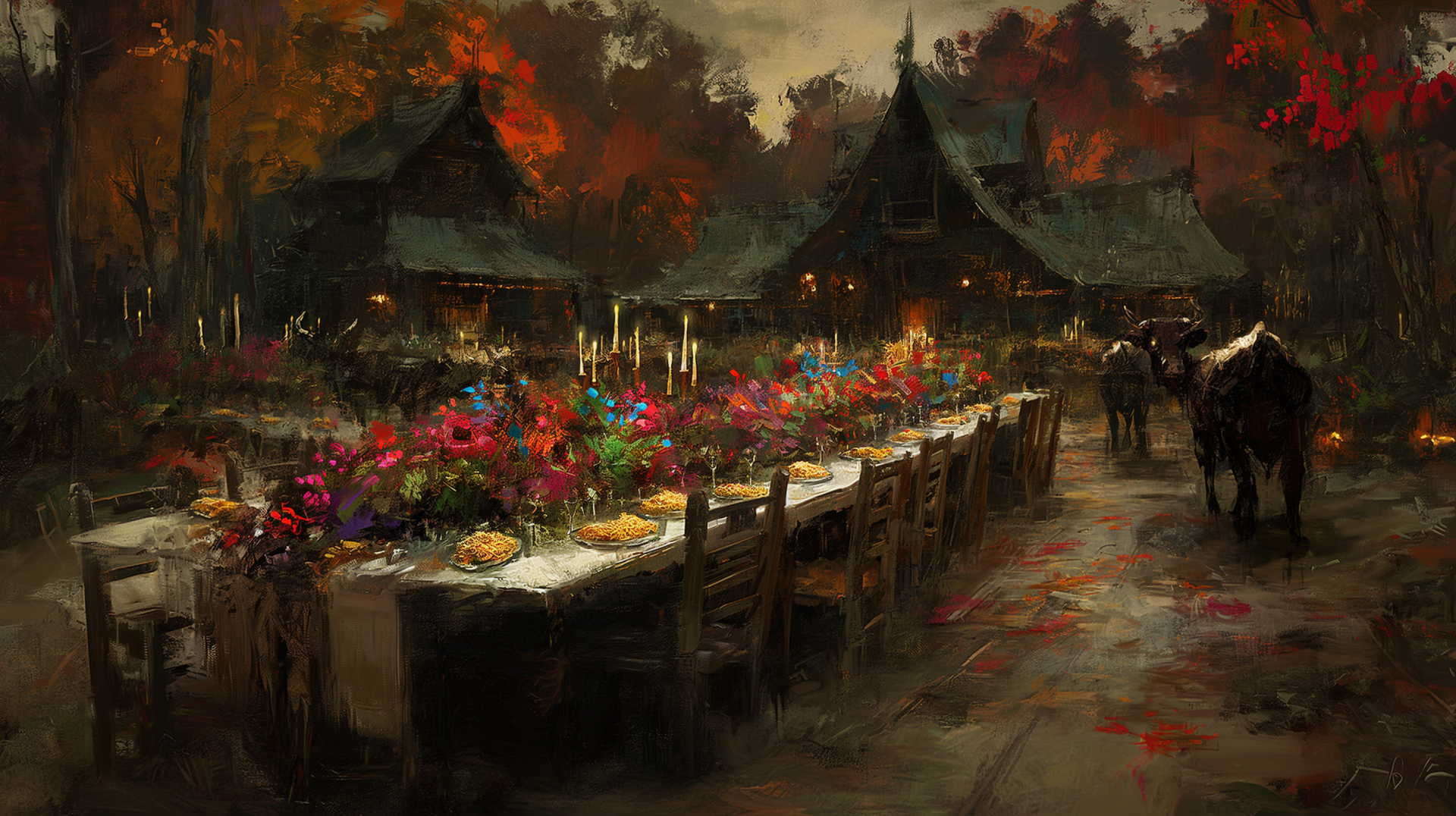 HD desktop wallpaper featuring a cow and its calf near a colorful meal on a rustic table in a pastoral village scene.