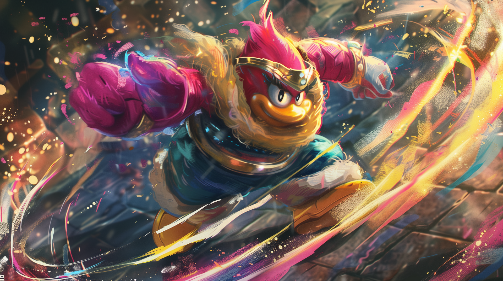 HD desktop wallpaper featuring dynamic fan art of King Dedede poised in an action stance with vibrant colors and energetic effects.