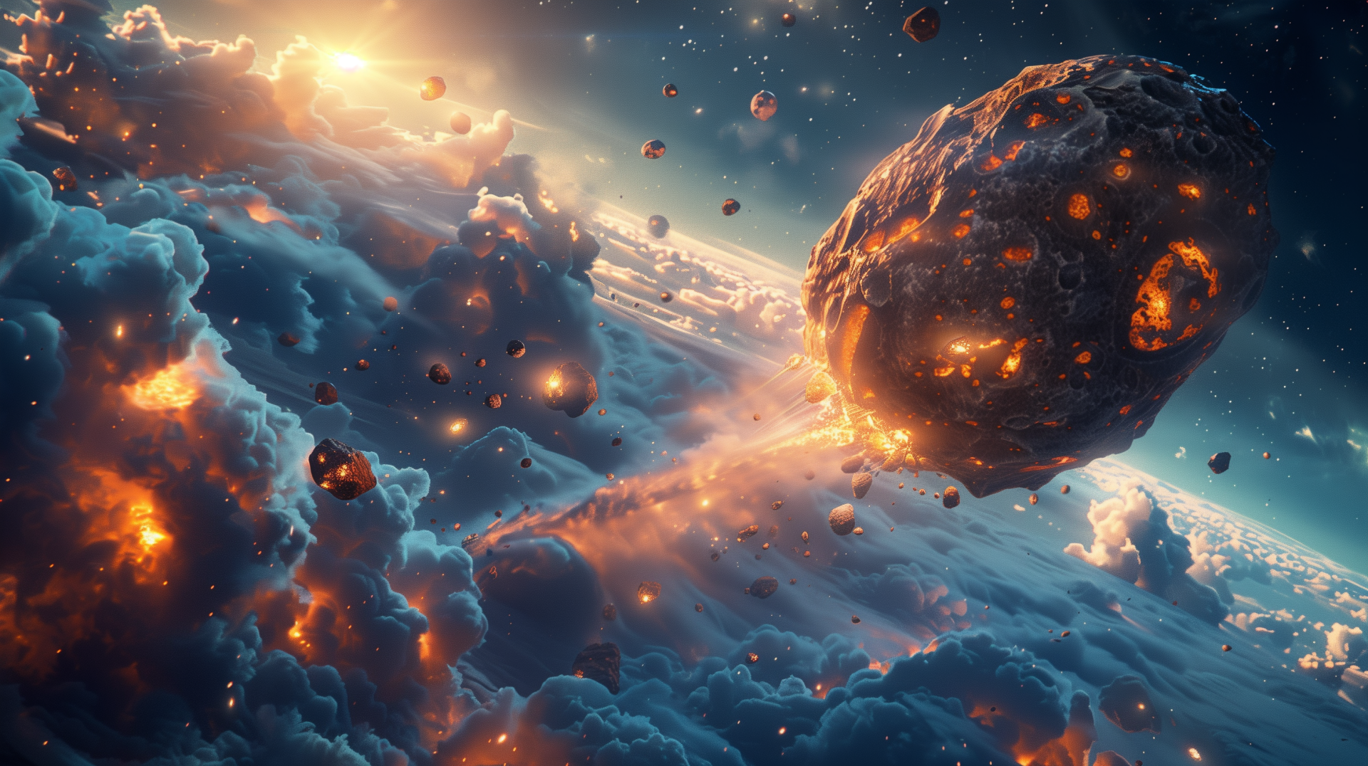 HD desktop wallpaper featuring a meteorite shower with glowing trails against a vibrant cosmic backdrop.