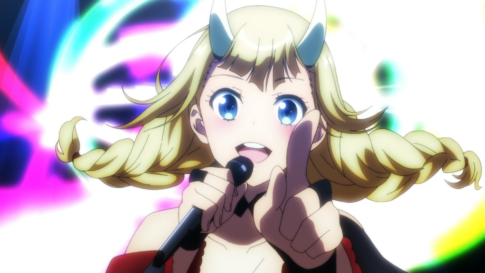 Eiko Tsukimi from Ya Boy Kongming! anime singing enthusiastically, a colorful and dynamic HD desktop wallpaper.