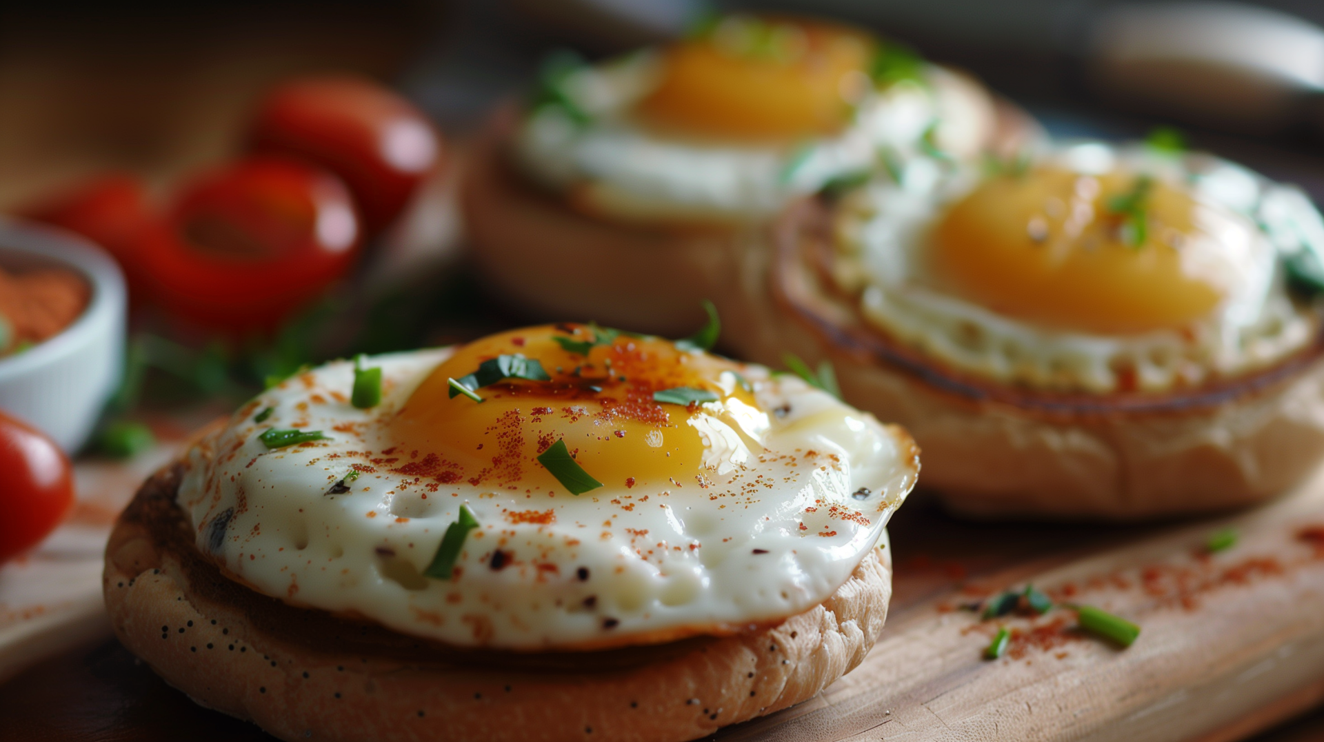 HD desktop wallpaper featuring a close-up of delicious breakfast with sunny-side-up eggs on English muffins, garnished with herbs and spices, ready to download.