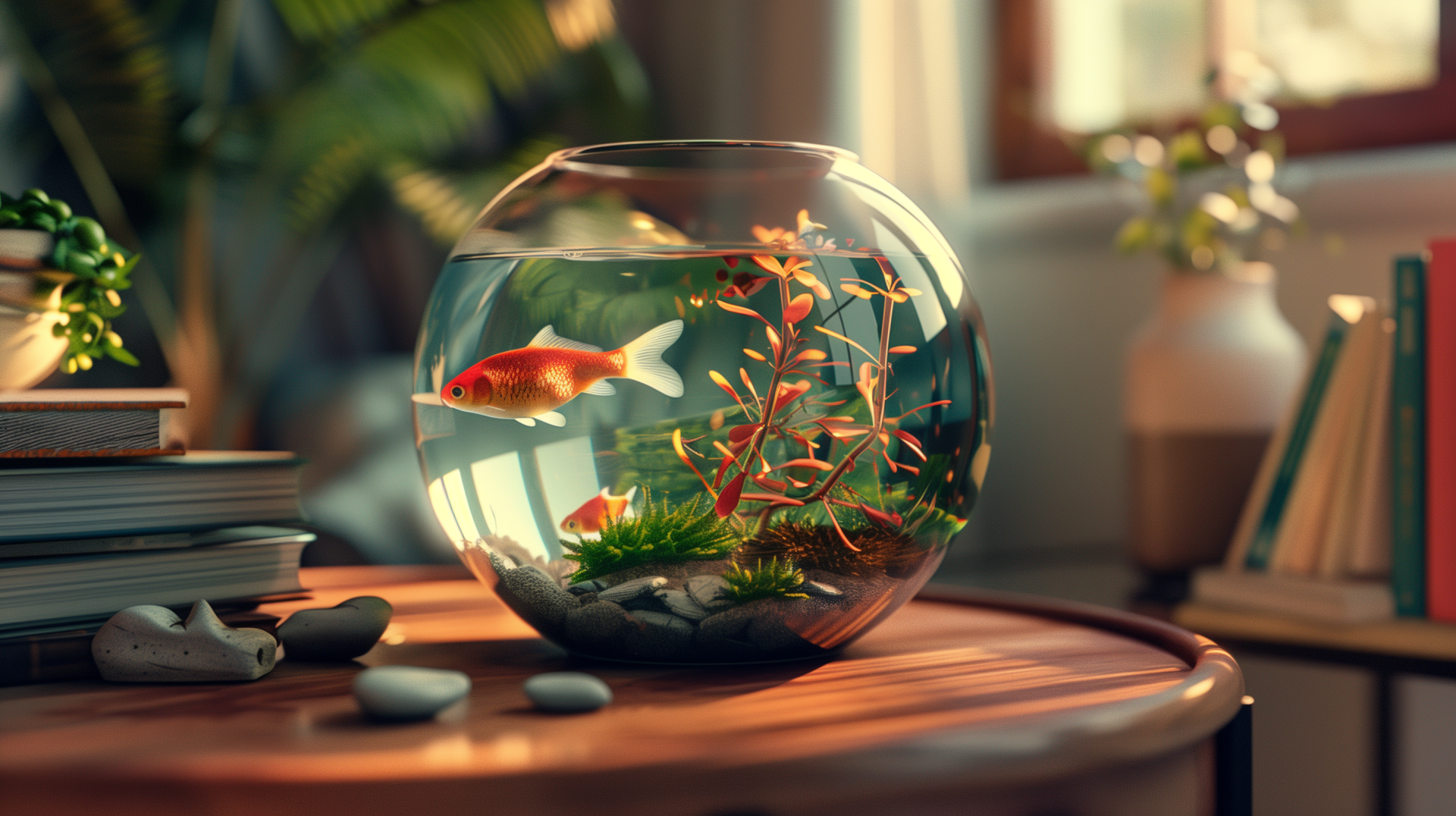 HD desktop wallpaper featuring a serene fishbowl with a goldfish and aquatic plants on a wooden table with warm sunlight filtering through.