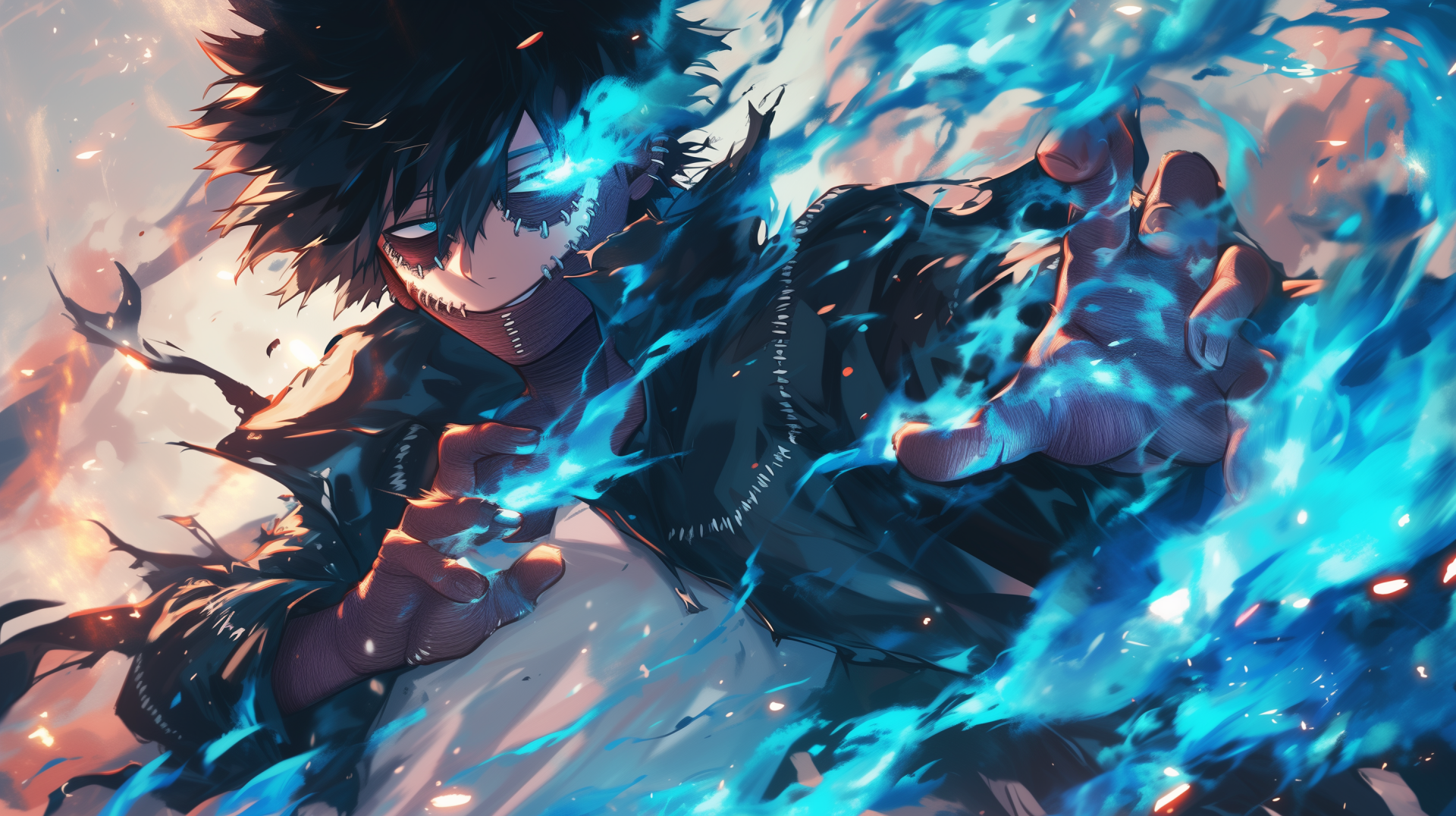HD desktop wallpaper of Dabi from My Hero Academia anime, showcasing the character's intense blue flames.