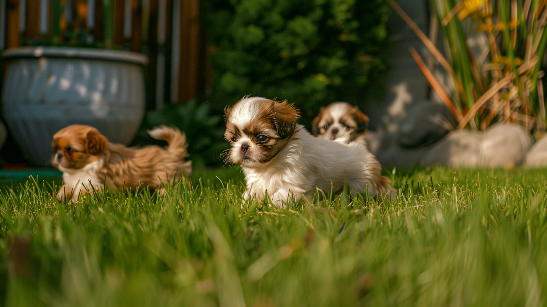 Adorable Shih Tzu puppies playing on grass in HD desktop wallpaper.