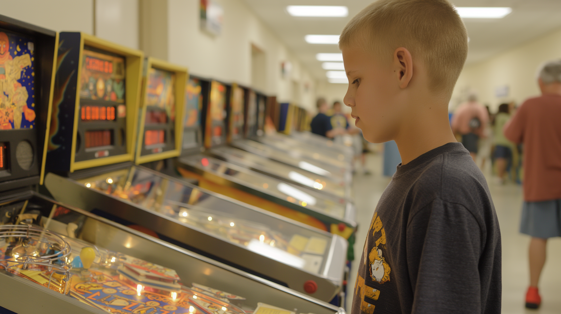 Young boy intently playing a pinball machine at an arcade, with rows of pinball machines in the background – HD desktop wallpaper with pinball theme.