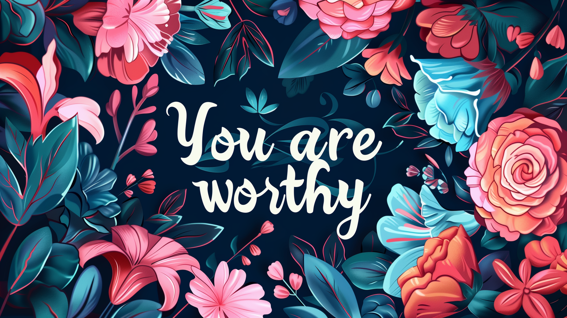 A vibrant HD desktop wallpaper featuring a floral border and the inspirational message You are worthy, designed to motivate and uplift.