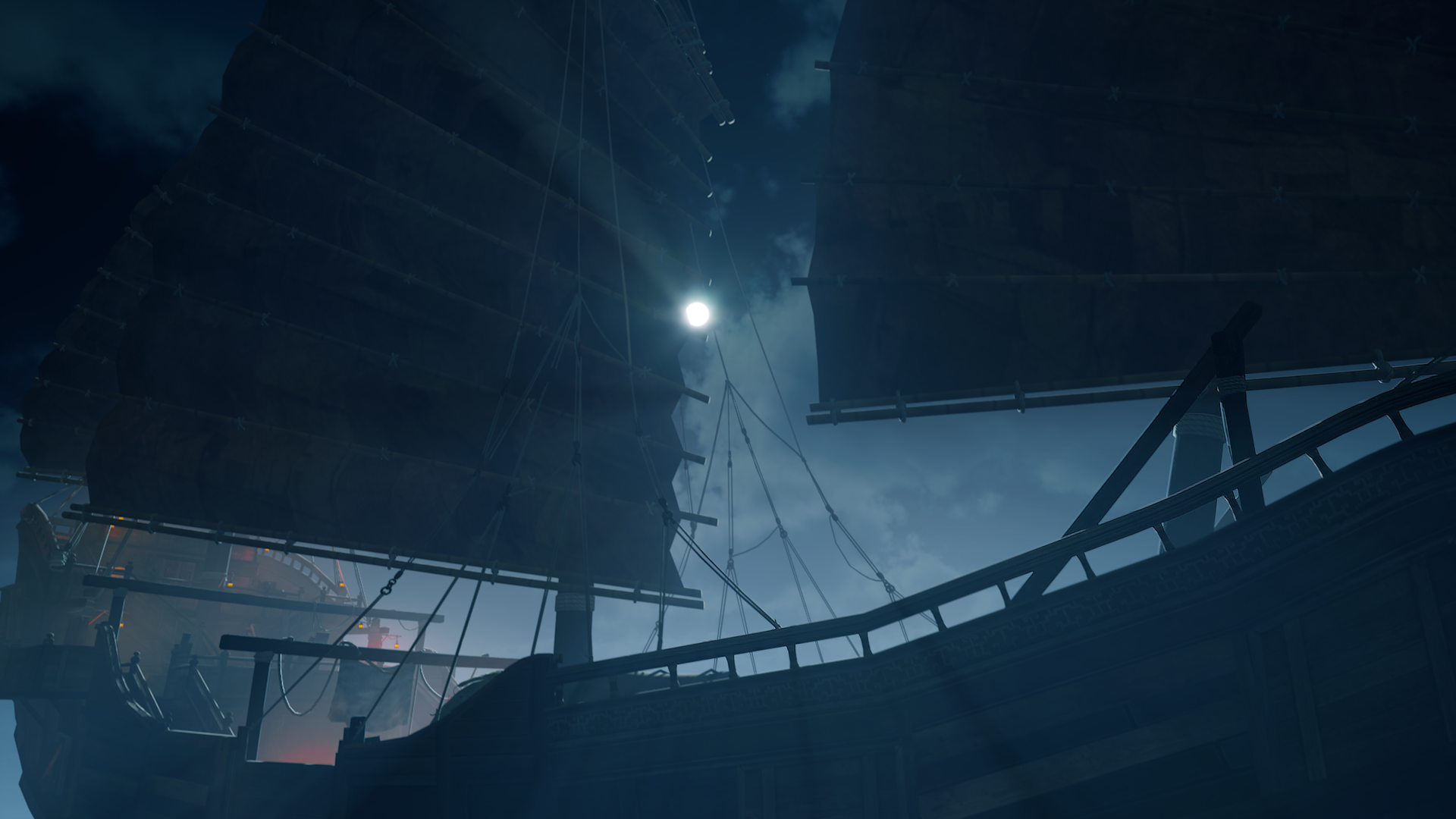 HD wallpaper of 'The Pirate Queen: A Forgotten Legend' video game featuring silhouette of a pirate ship against a moonlit sky.