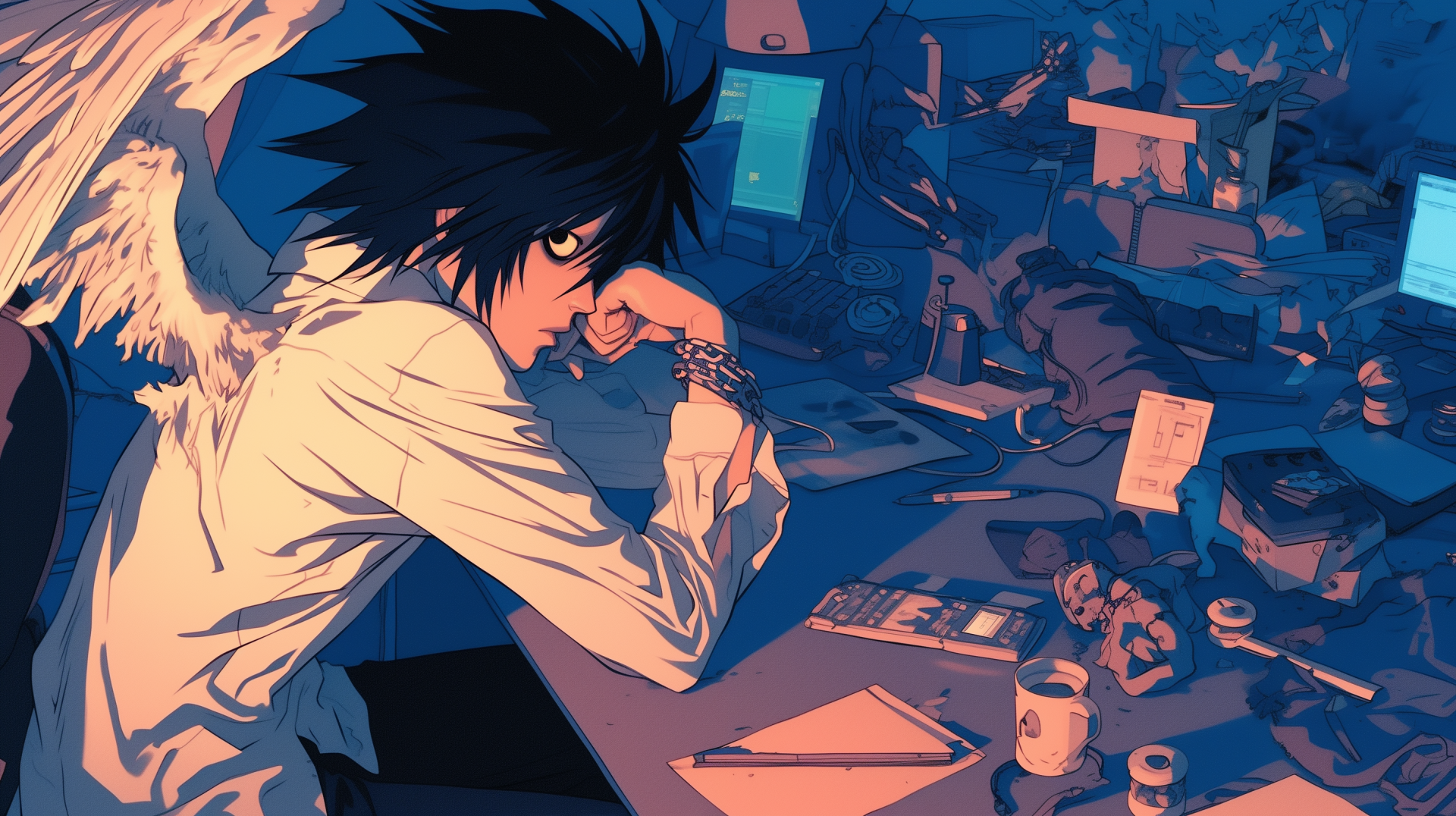 HD desktop wallpaper featuring L from Death Note, deep in thought at a cluttered desk, surrounded by various items, capturing the mysterious essence of the character.