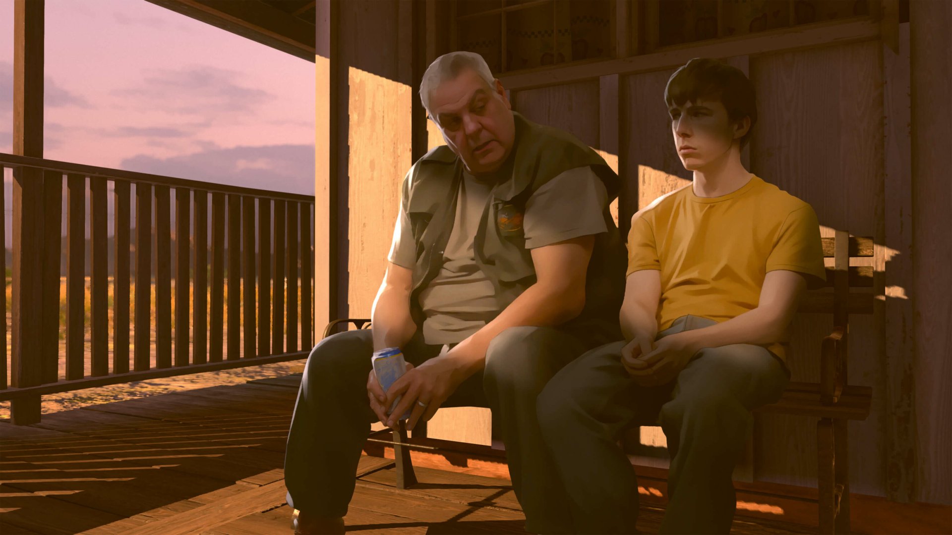 HD desktop wallpaper featuring two characters from the video game As Dusk Falls, sitting together on a porch during sunset.