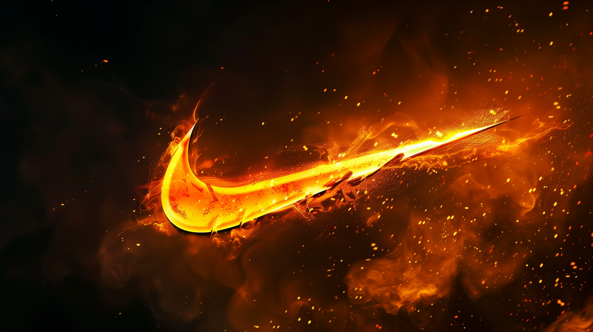 Flaming Nike logo ignited with vibrant fire on a dark background, HD desktop wallpaper