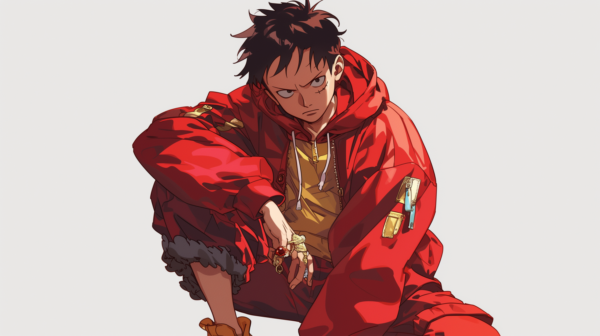 HD wallpaper of Monkey D. Luffy from One Piece anime, featuring the character in a dynamic pose with a red jacket for desktop background.