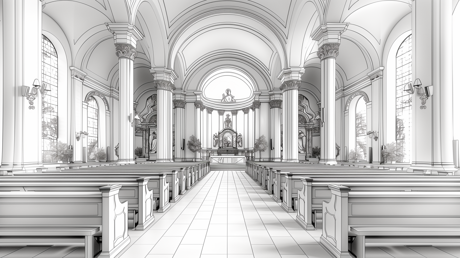 HD desktop wallpaper featuring the interior sketch of a serene chapel with rows of pews leading to an altar.
