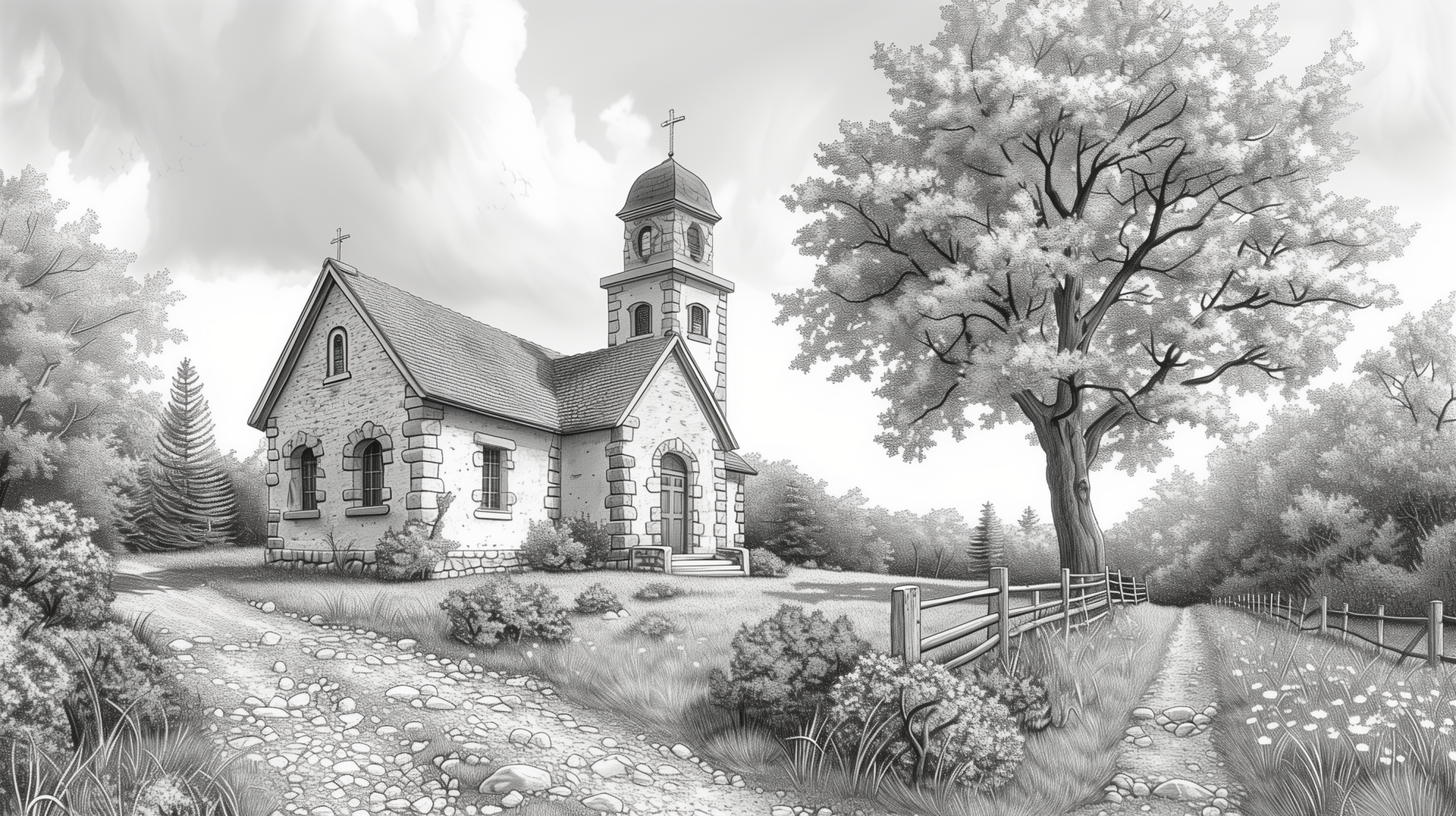 HD black and white desktop wallpaper featuring a serene chapel surrounded by trees with a cobblestone pathway.