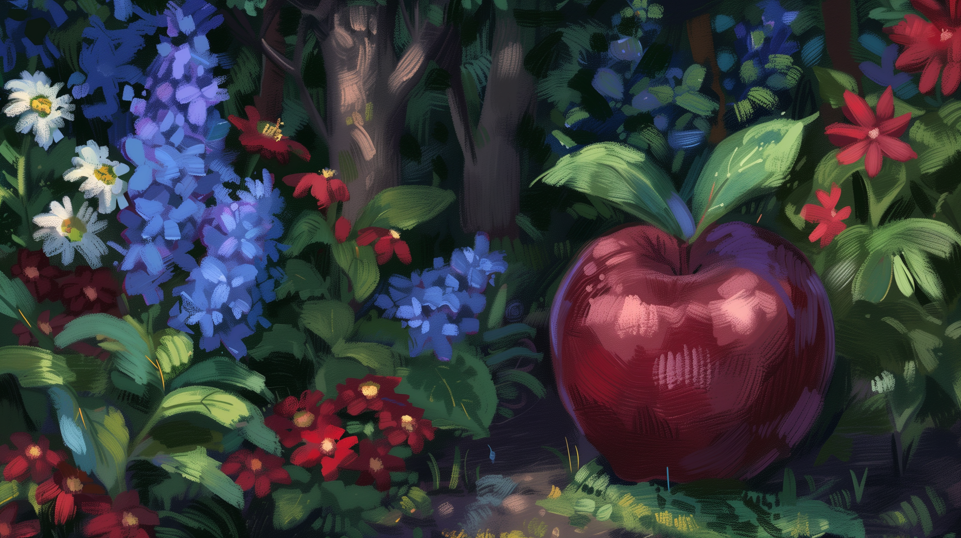 HD desktop wallpaper featuring a vibrant red apple amidst a colorful floral background.