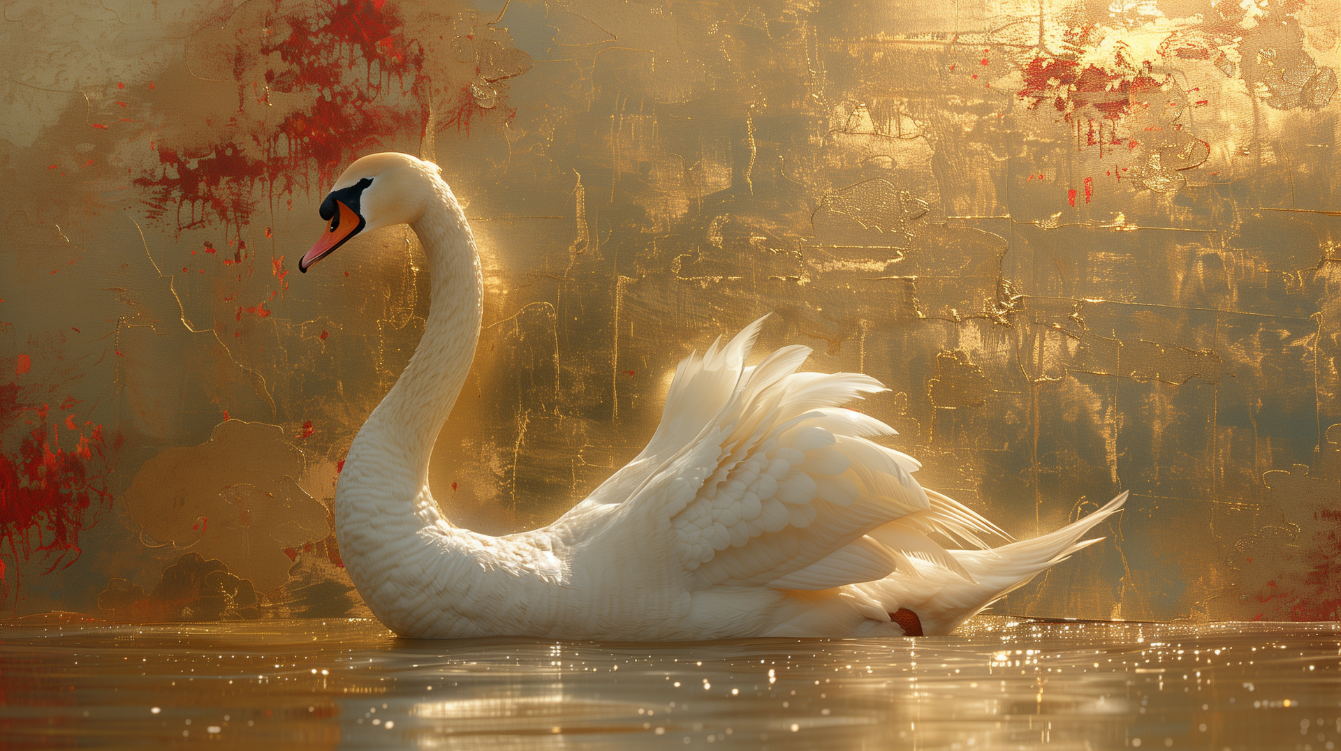 A serene white swan glides gracefully across the water, illuminated by golden hues in the background, creating a stunning HD wallpaper for nature lovers.