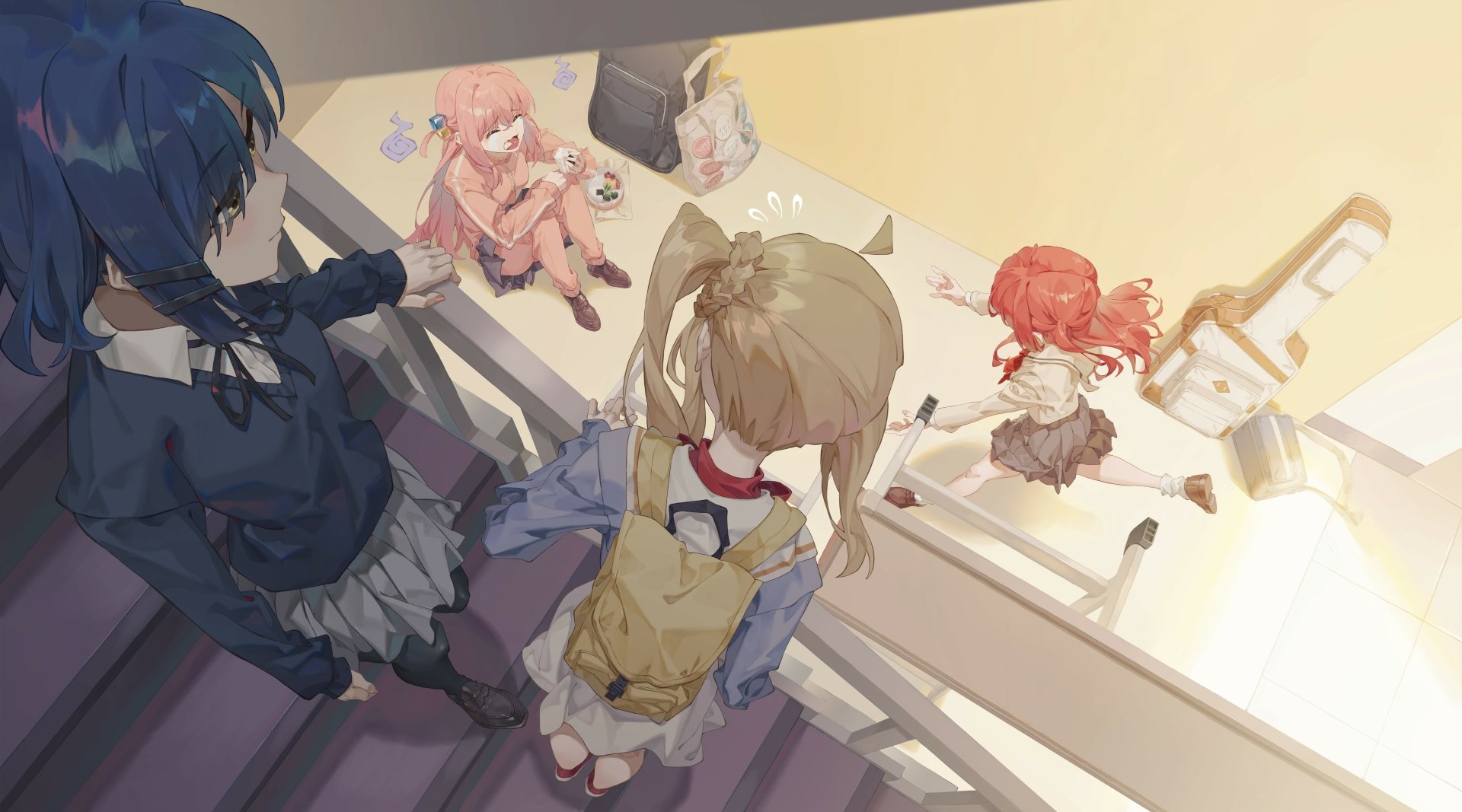 Anime-style 8K Ultra HD desktop wallpaper featuring characters from Bocchi the Rock! in a sunlit rooftop scene with soft, warm colors and detailed shading.