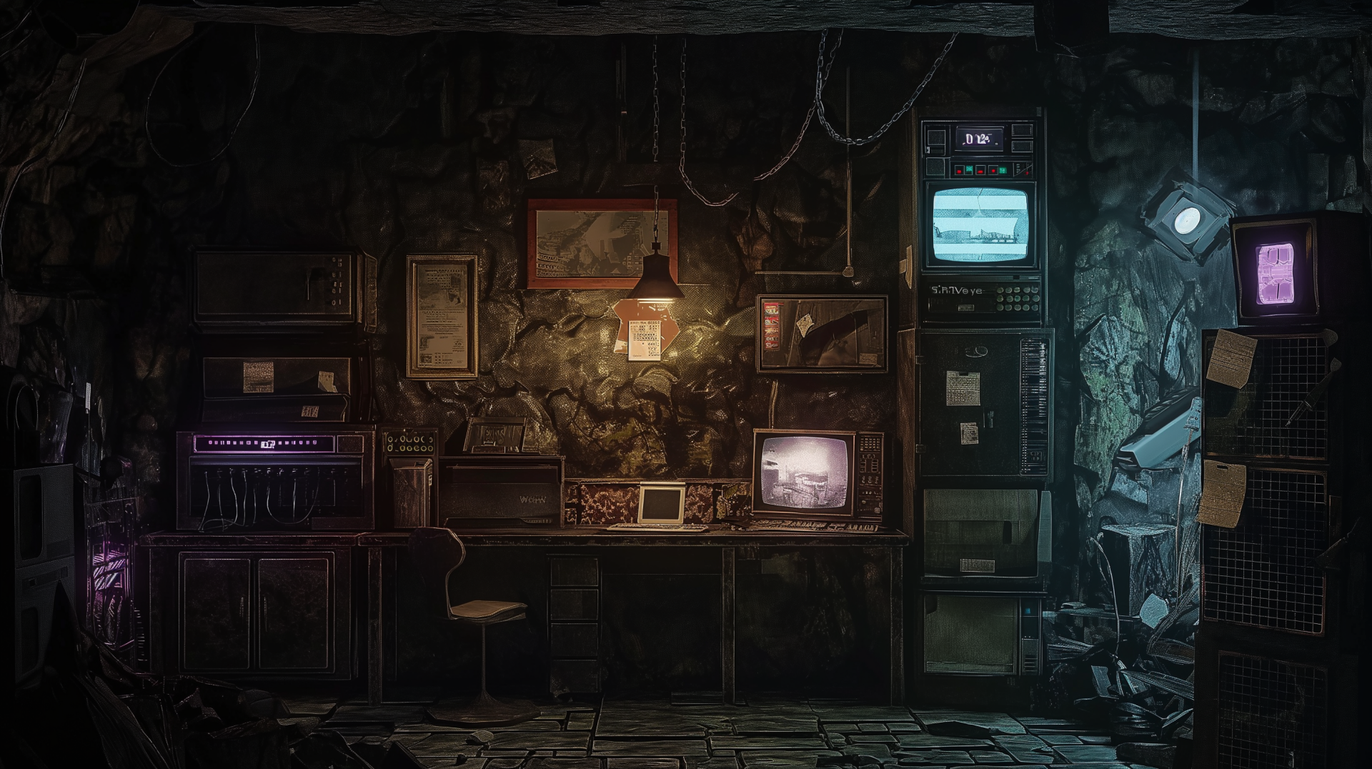 An atmospheric lab setting featuring vintage TVs and a computer desk, illuminated by ambient lighting. A striking HD desktop wallpaper with a moody, retro aesthetic.