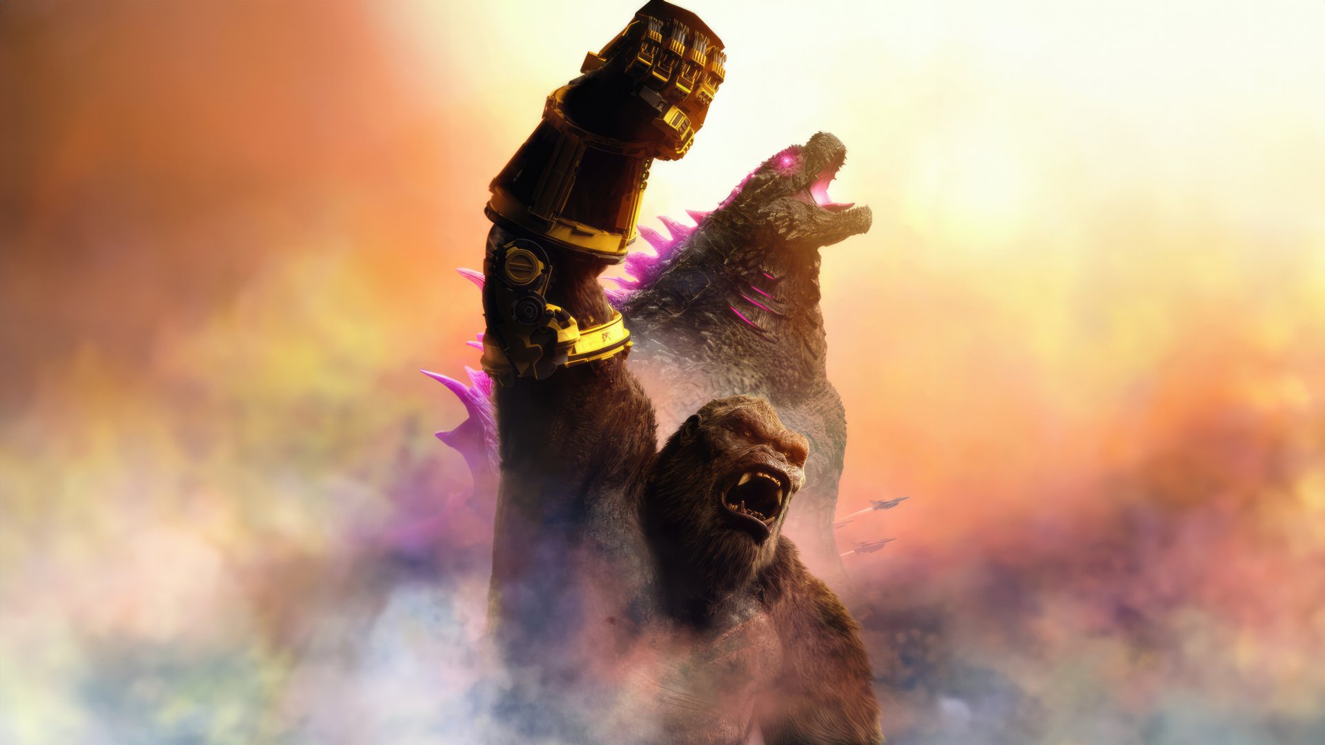HD Wallpaper of Godzilla wielding a battle axe from Godzilla x Kong: The New Empire as a stunning desktop background.
