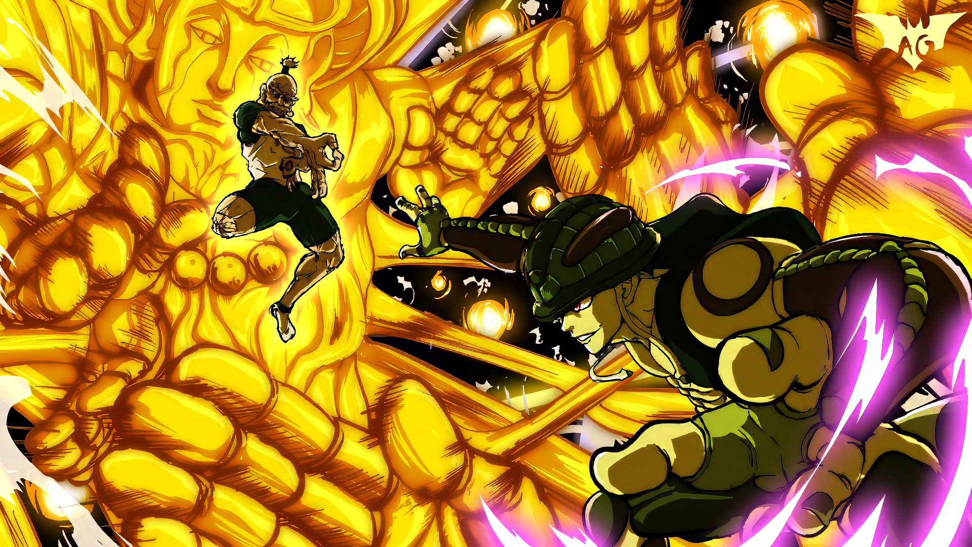 HD wallpaper featuring intense battle between Isaac Netero and Meruem from Hunter x Hunter, set against a striking golden background, showcasing dynamic action and vibrant colors.