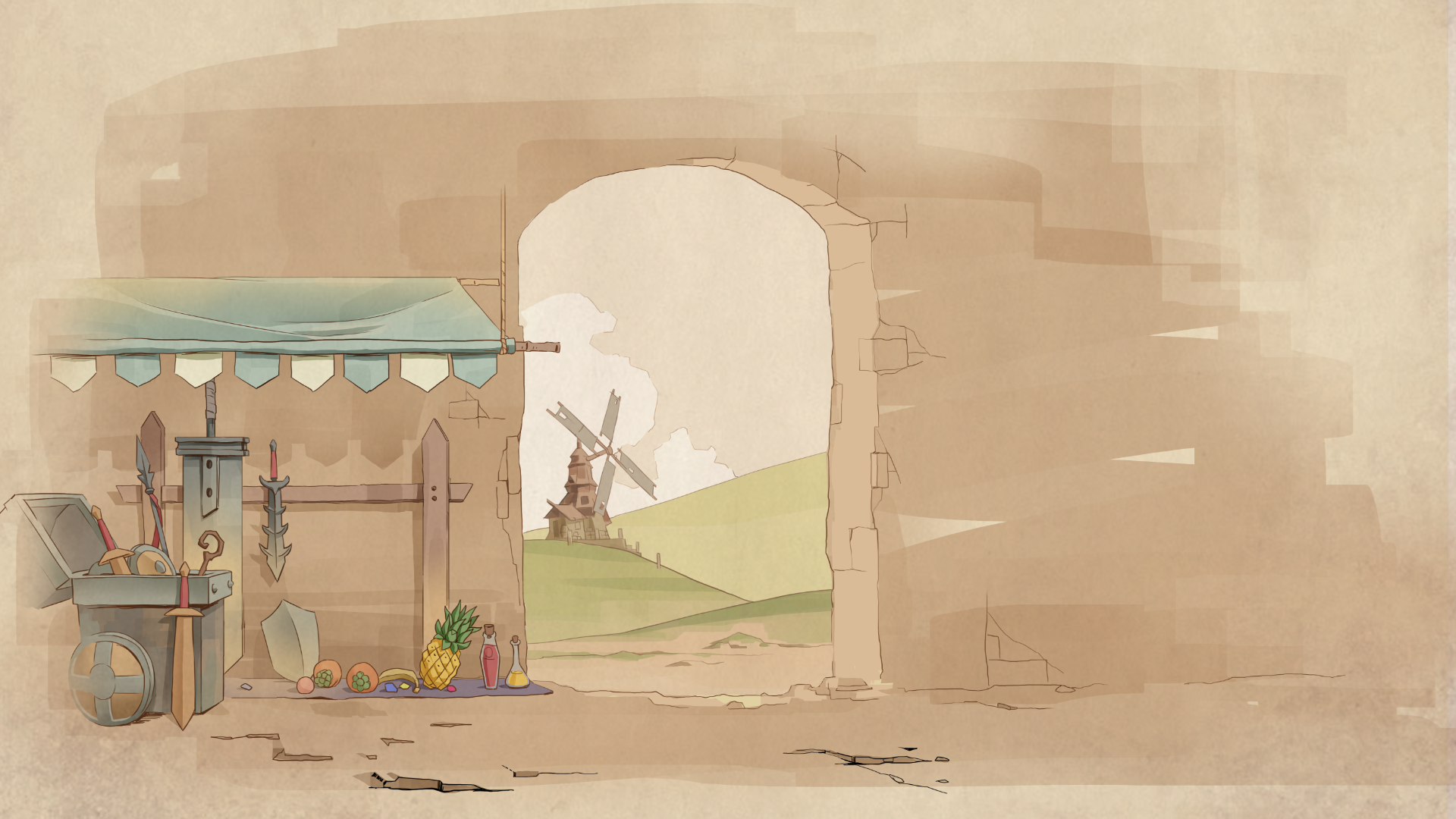 HD desktop wallpaper featuring a scenic Backpack Battles video game environment with a rustic village marketplace and a windmill in the background.