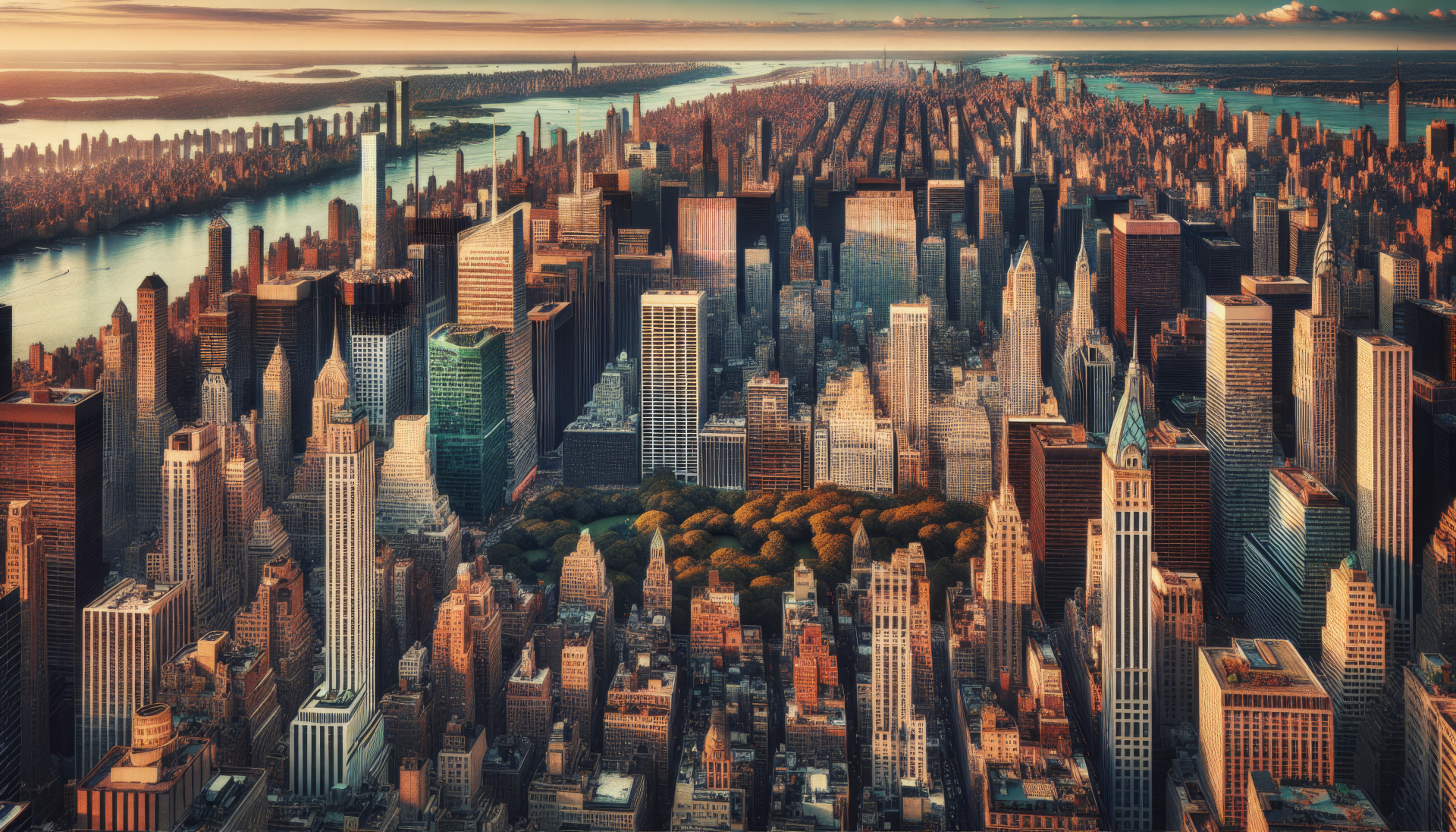 HD desktop wallpaper showcasing an aerial view of New York City's skyscrapers, bathed in warm sunlight with the river in the background.