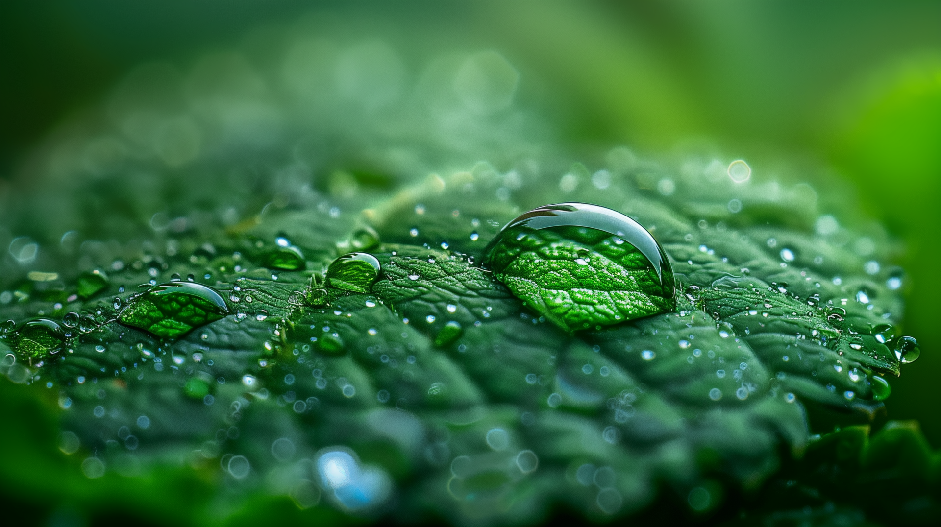 Alt Text: HD desktop wallpaper featuring a close-up view of a green leaf with a crystal clear dew drop and multiple tiny water droplets, embodying a fresh and serene nature background.
