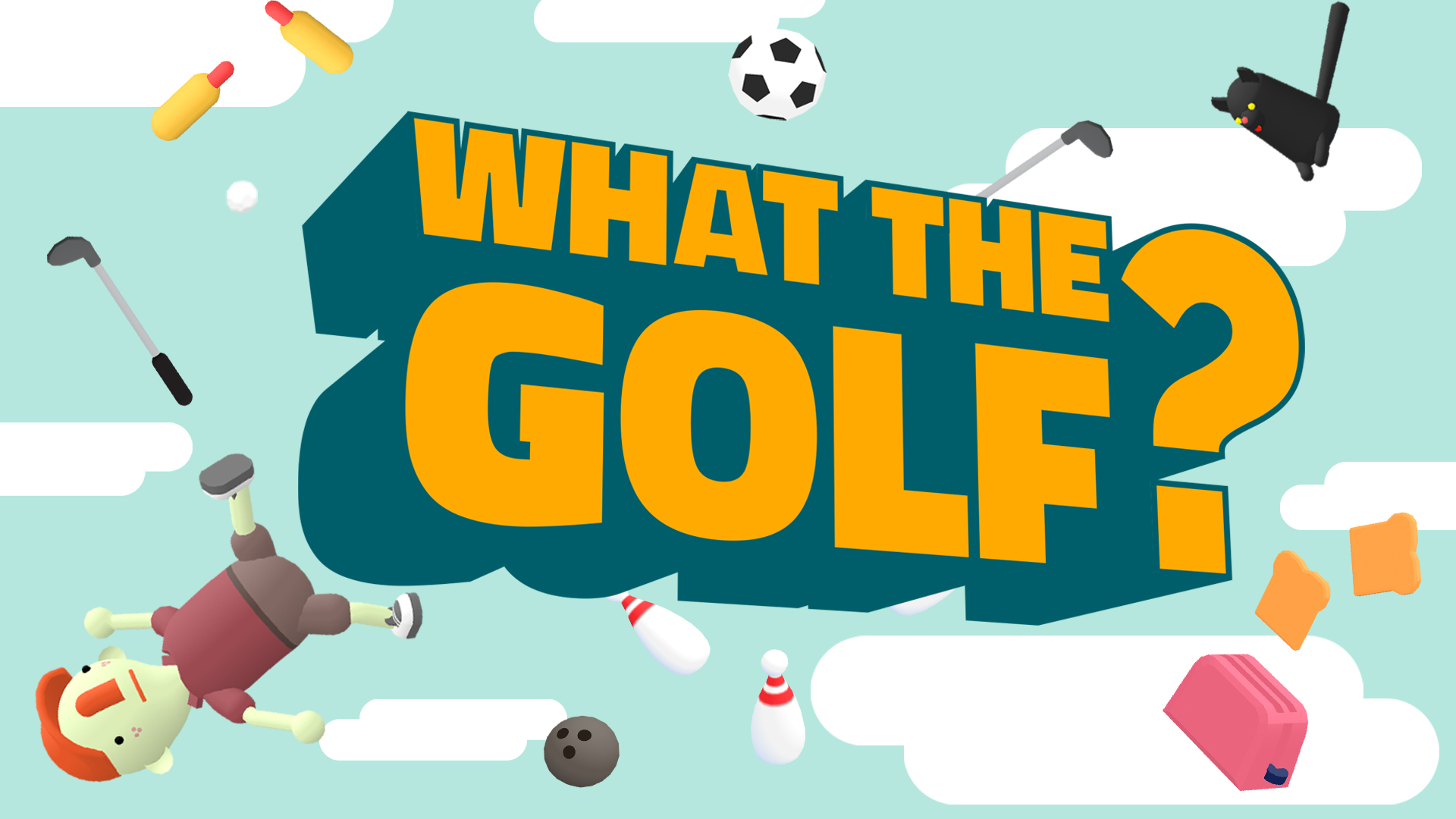 HD desktop wallpaper featuring the whimsical design of What the Golf? video game with colorful graphics and playful objects related to golf scattered around the text logo.