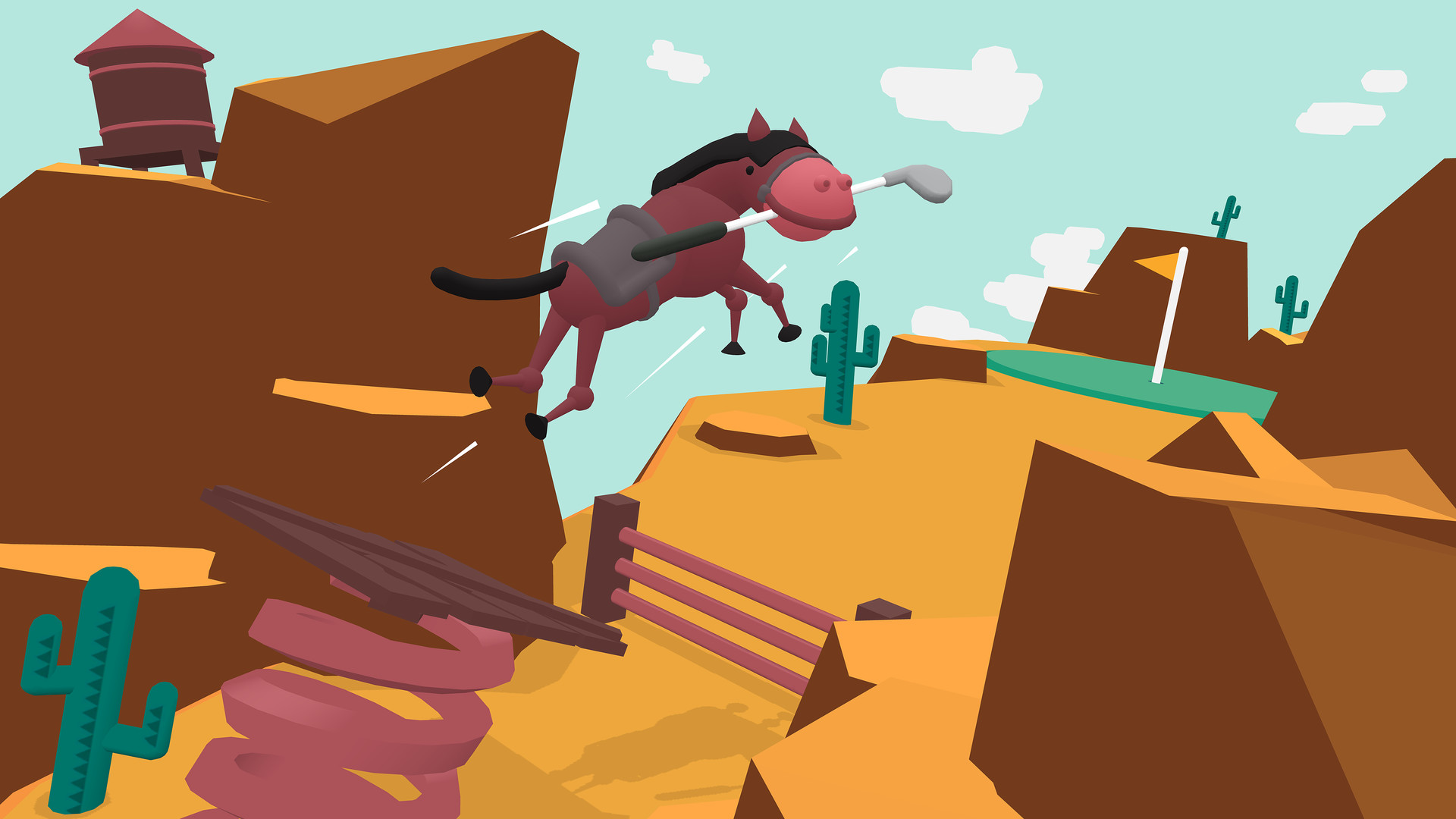 HD desktop wallpaper featuring a whimsical scene from the video game What the Golf? with a cartoon horse flying over a stylized desert golf course.