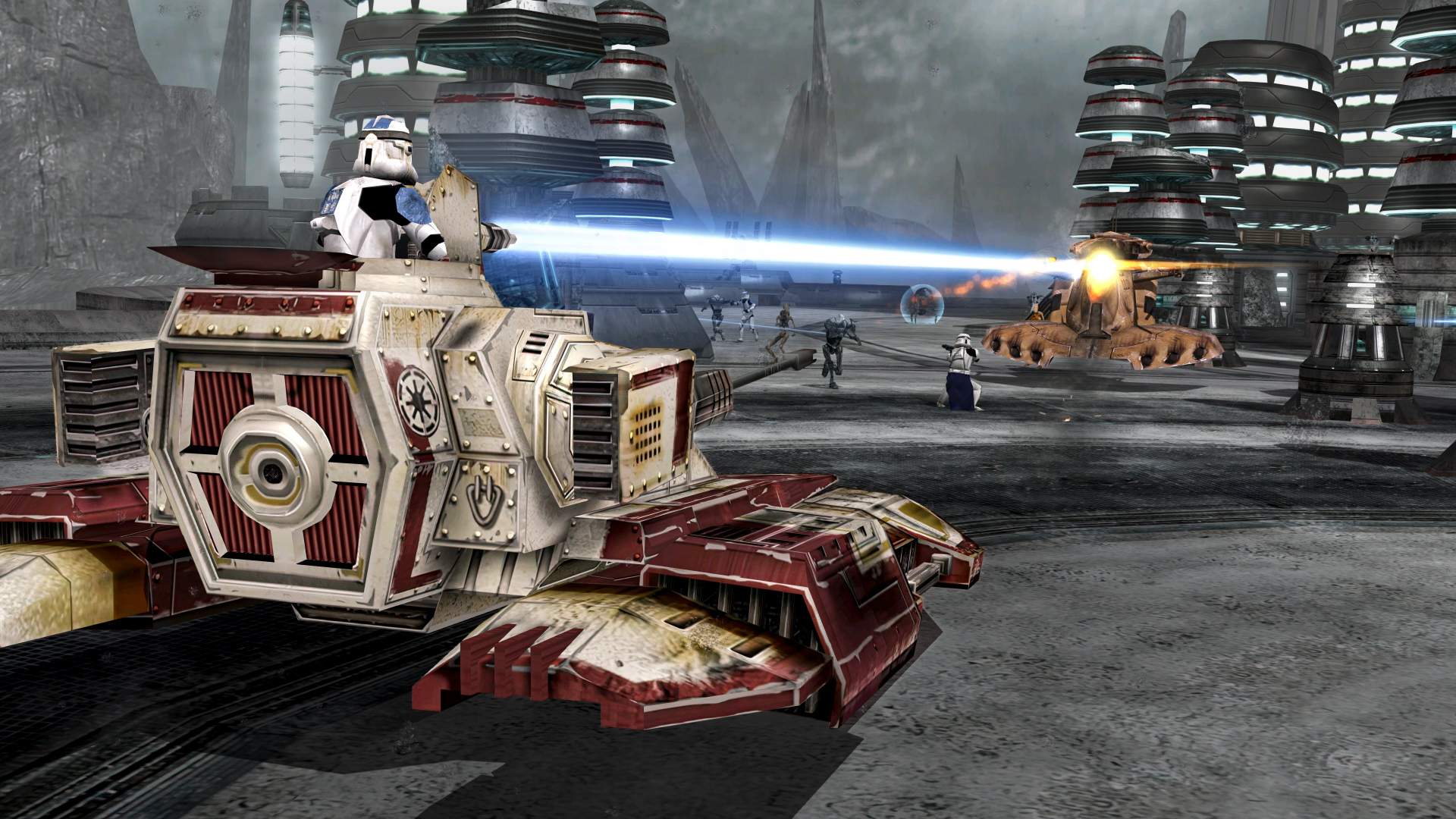 HD wallpaper featuring Star Wars: Battlefront Classic Collection gameplay scene with clone trooper and vehicles.