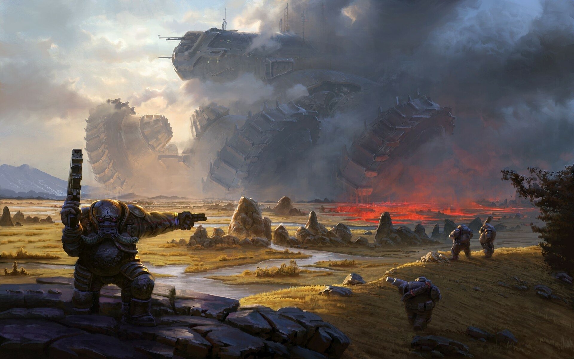 Age of Wonders: Planetfall HD wallpaper featuring a futuristic battlefield scene with soldiers and floating structures under a dramatic sky.