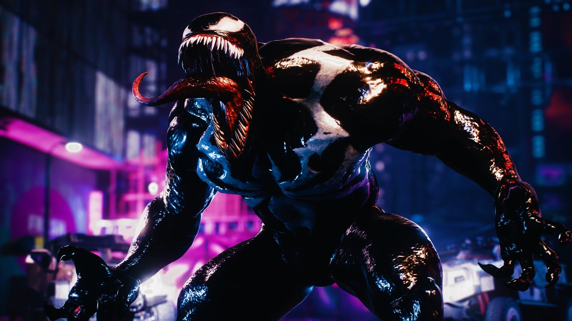 Venom crouched in a neon-soaked city, glossy black symbiote with white spider emblem and extended tongue — 4K Ultra HD PC desktop wallpaper/background, video game: Marvel's Spider-Man 2