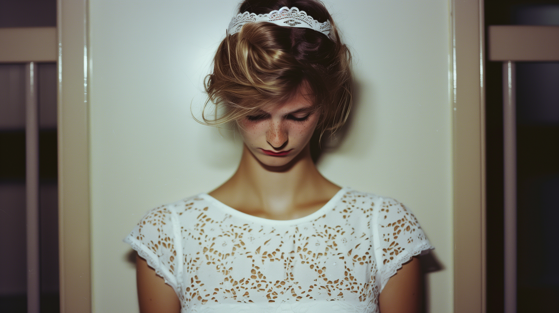 Woman in white lace dress with delicate tiara as HD desktop wallpaper.