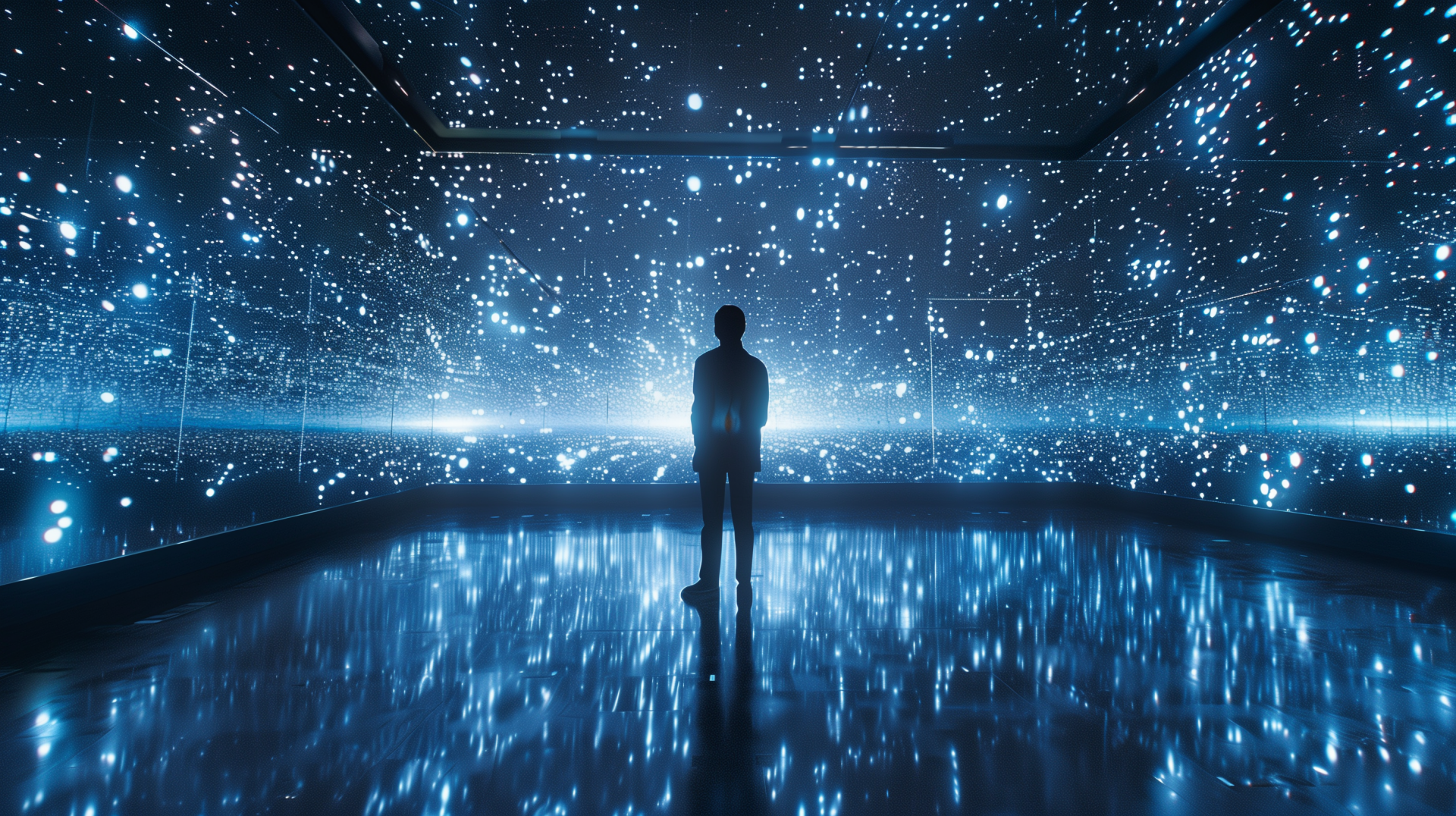A silhouette stands in an infinity mirror room filled with vibrant blue lights and reflections, creating a captivating and immersive atmosphere. HD desktop wallpaper background.