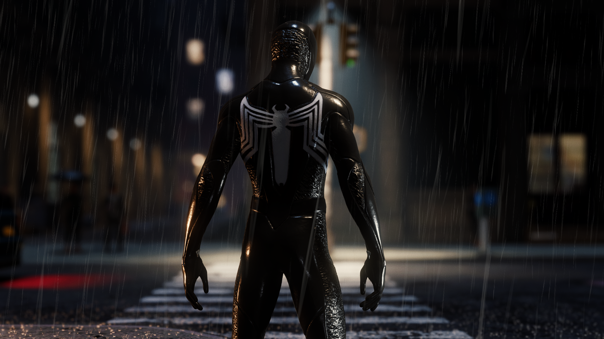 HD PC desktop wallpaper: Spider-Man in a black symbiote suit stands in the rain on a city street at night — Marvel's Spider-Man 2 video game background.