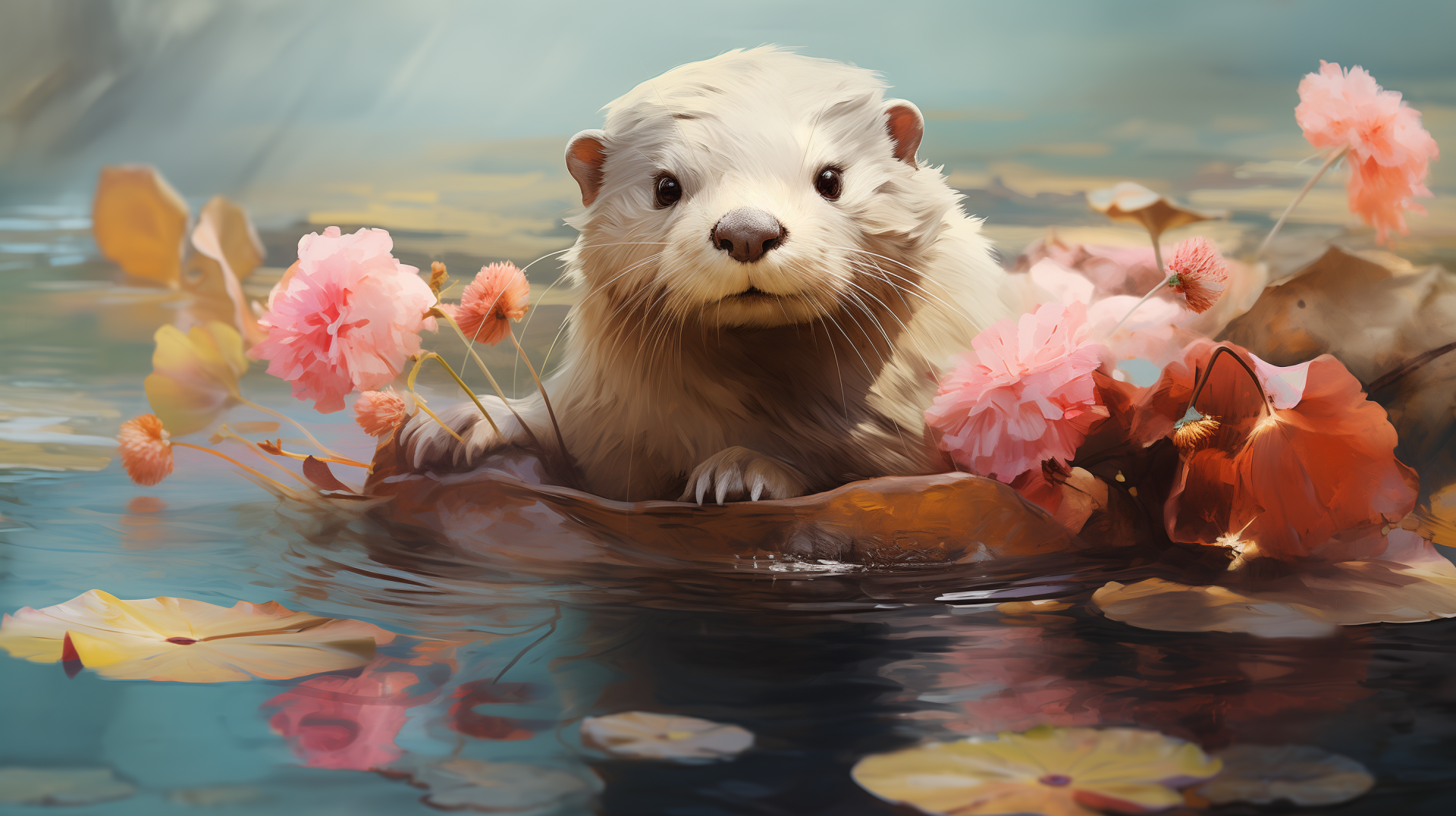 HD AI art wallpaper of an otter resting among pink flowers on a calm lake, blending nature and digital creativity in vivid detail.