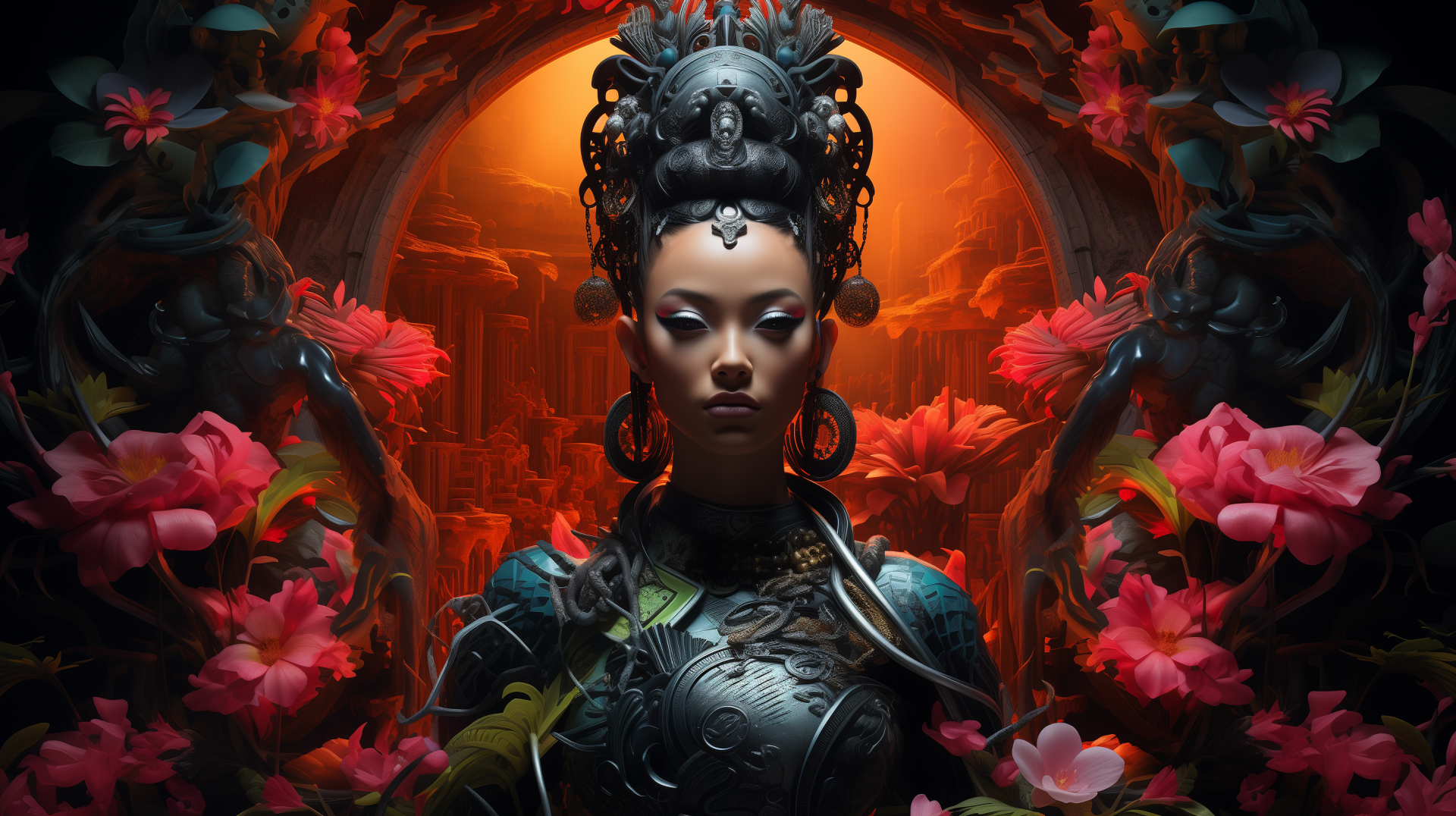 HD PC desktop wallpaper featuring a fantasy warrior geisha adorned with elaborate armor and intricate headpiece, surrounded by vibrant red flowers in a dramatic, mystical setting.