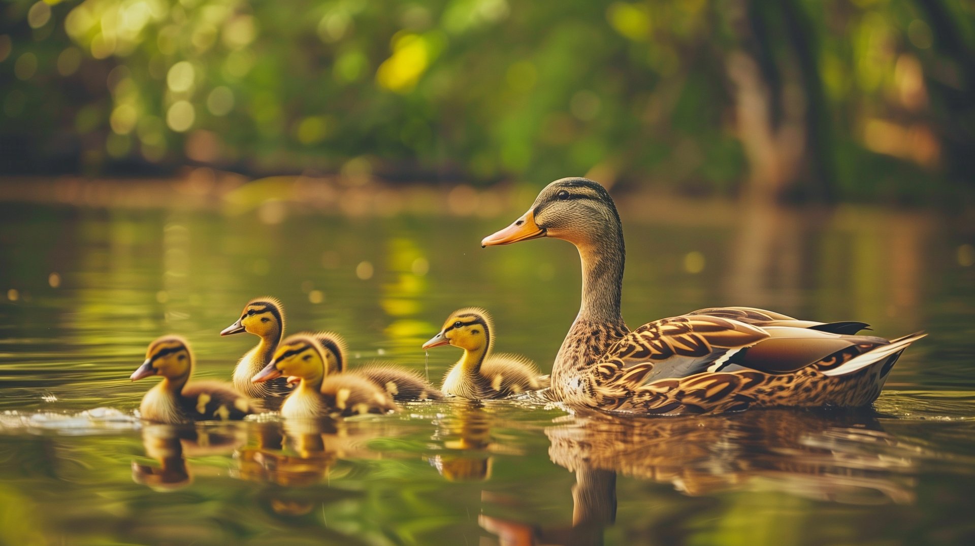 HD desktop wallpaper of a mother duck leading her ducklings through tranquil water with lush greenery in the background.