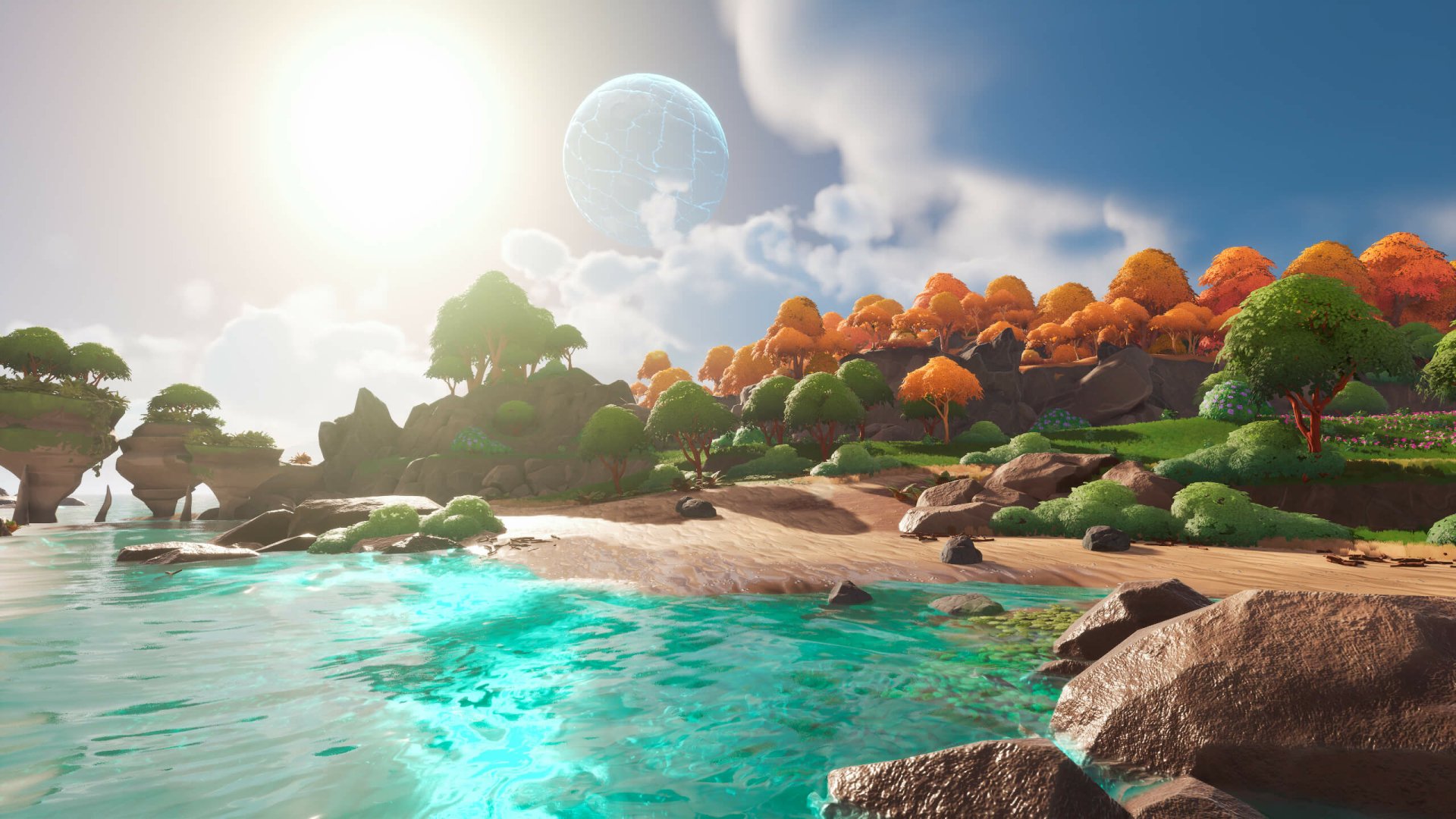 HD desktop wallpaper featuring a scenic view from the video game Lightyear Frontier with a vibrant landscape, serene water, and a large moon in the sky.