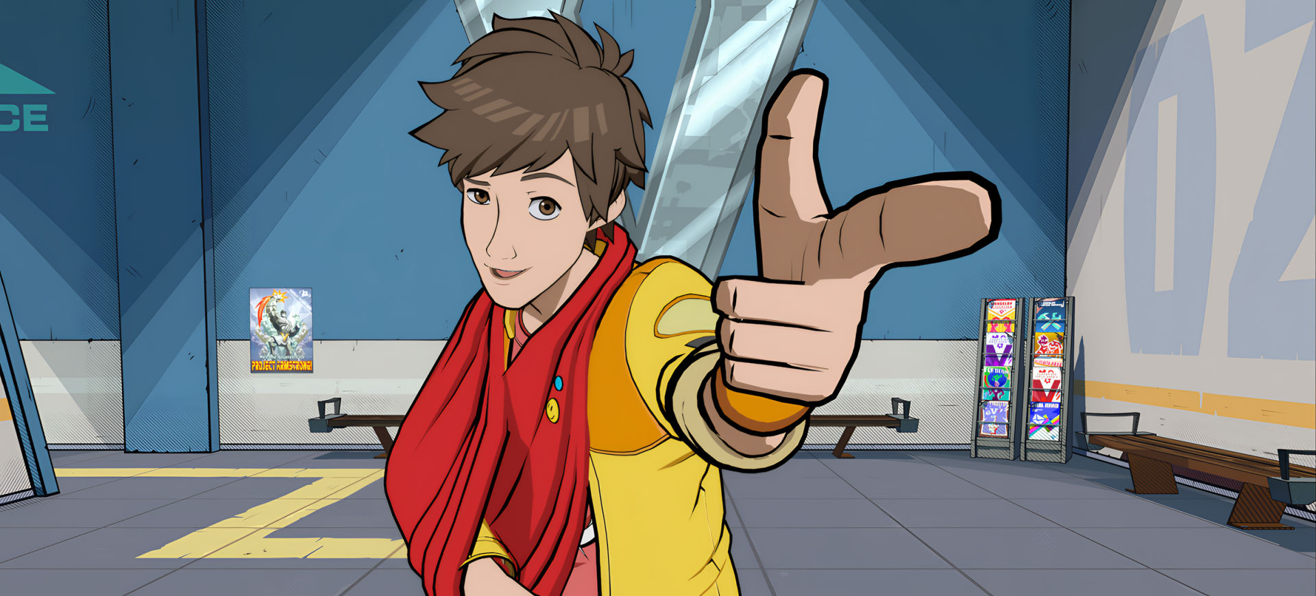 HD desktop wallpaper featuring a vibrant character from the video game Hi-Fi Rush, extending a thumbs-up in a dynamic pose with a stylized background.