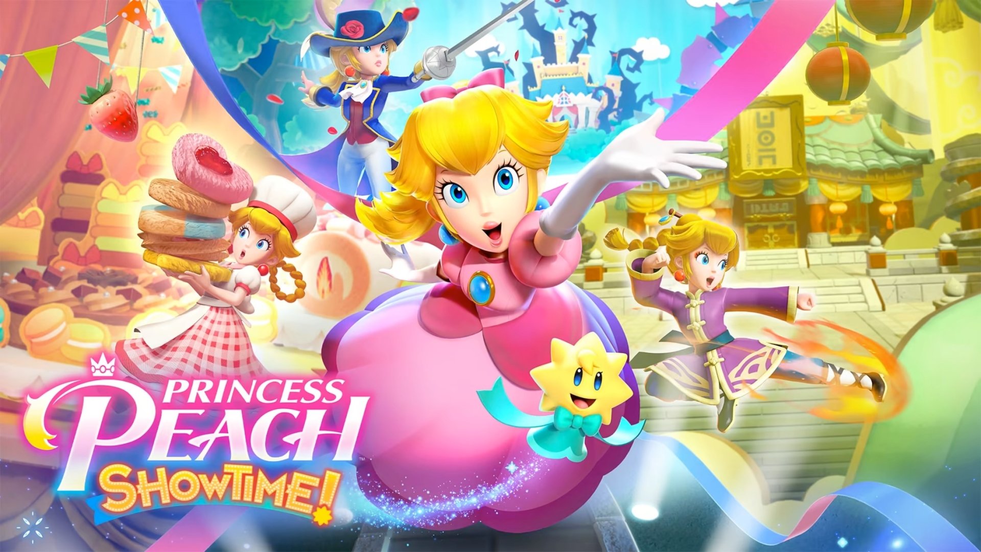 HD desktop wallpaper featuring Princess Peach in dynamic poses for the video game 'Princess Peach: Showtime!'