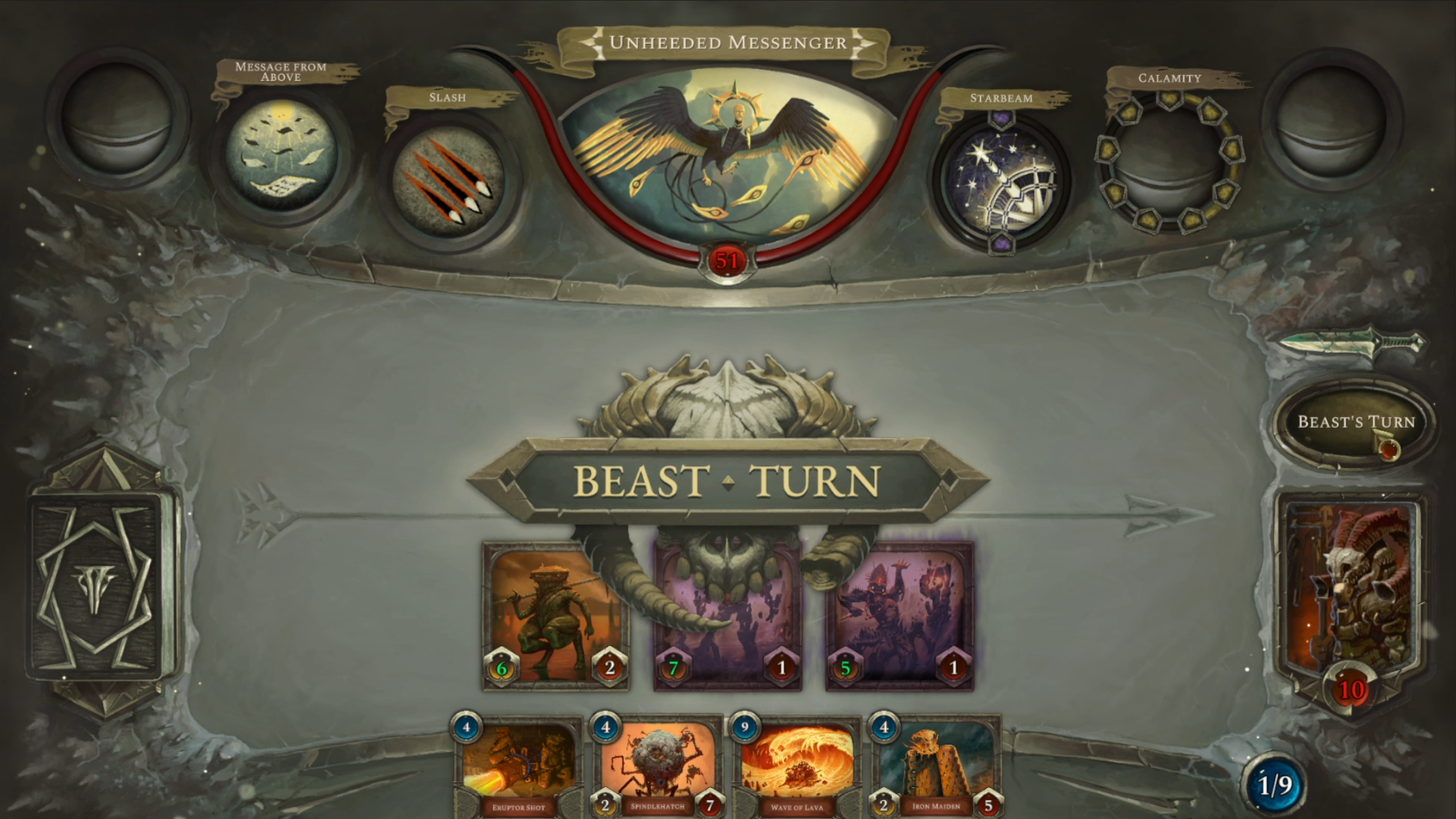 High-definition desktop wallpaper featuring the Beast's turn in a video game with Acolyte of the Altar theme, showcasing intricate game interface and fantasy elements.