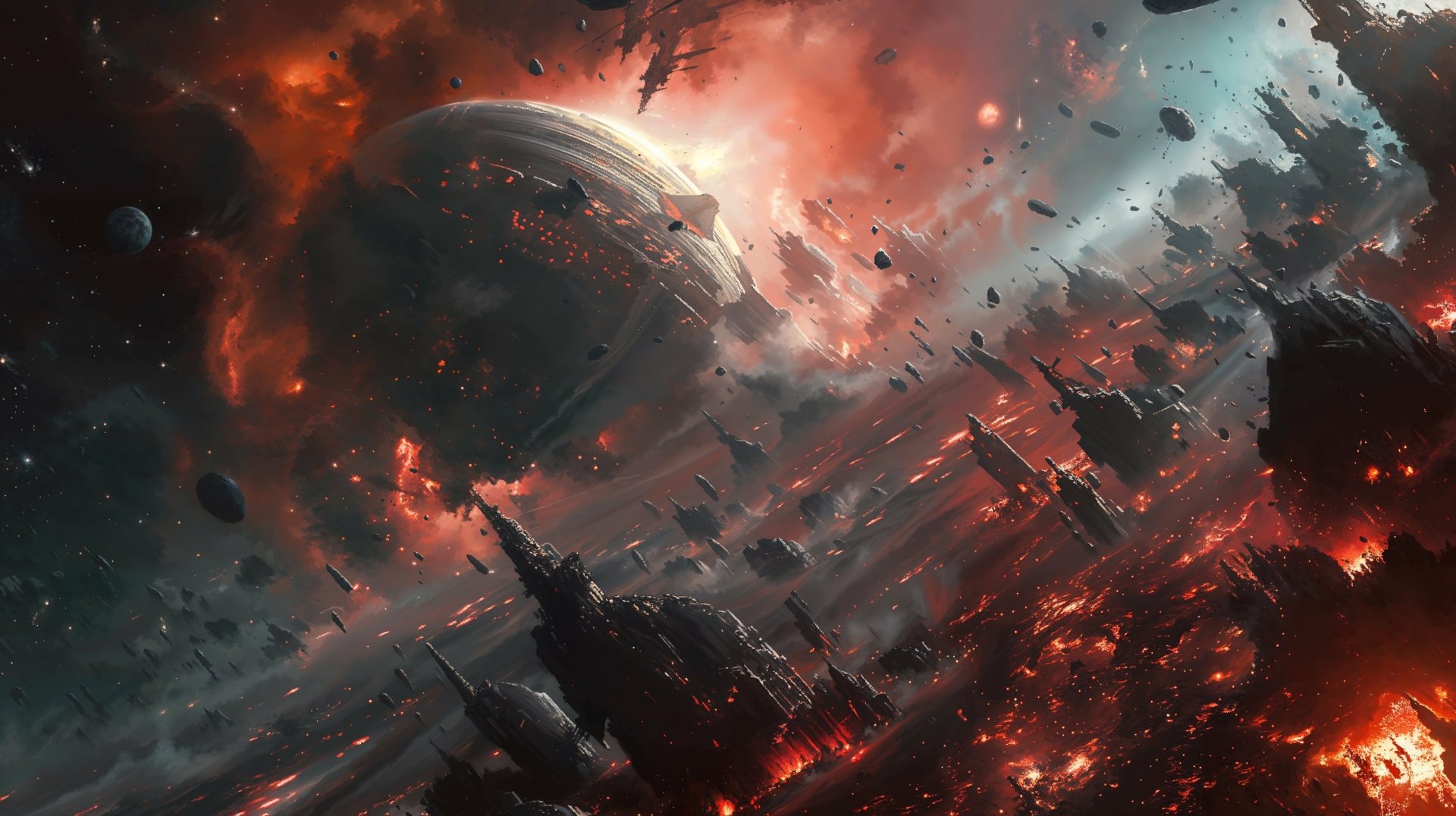A stunning sci-fi space opera scene featuring a shattered planet amidst fiery cosmic ruins, set against a backdrop of swirling colors and distant celestial bodies in high definition.