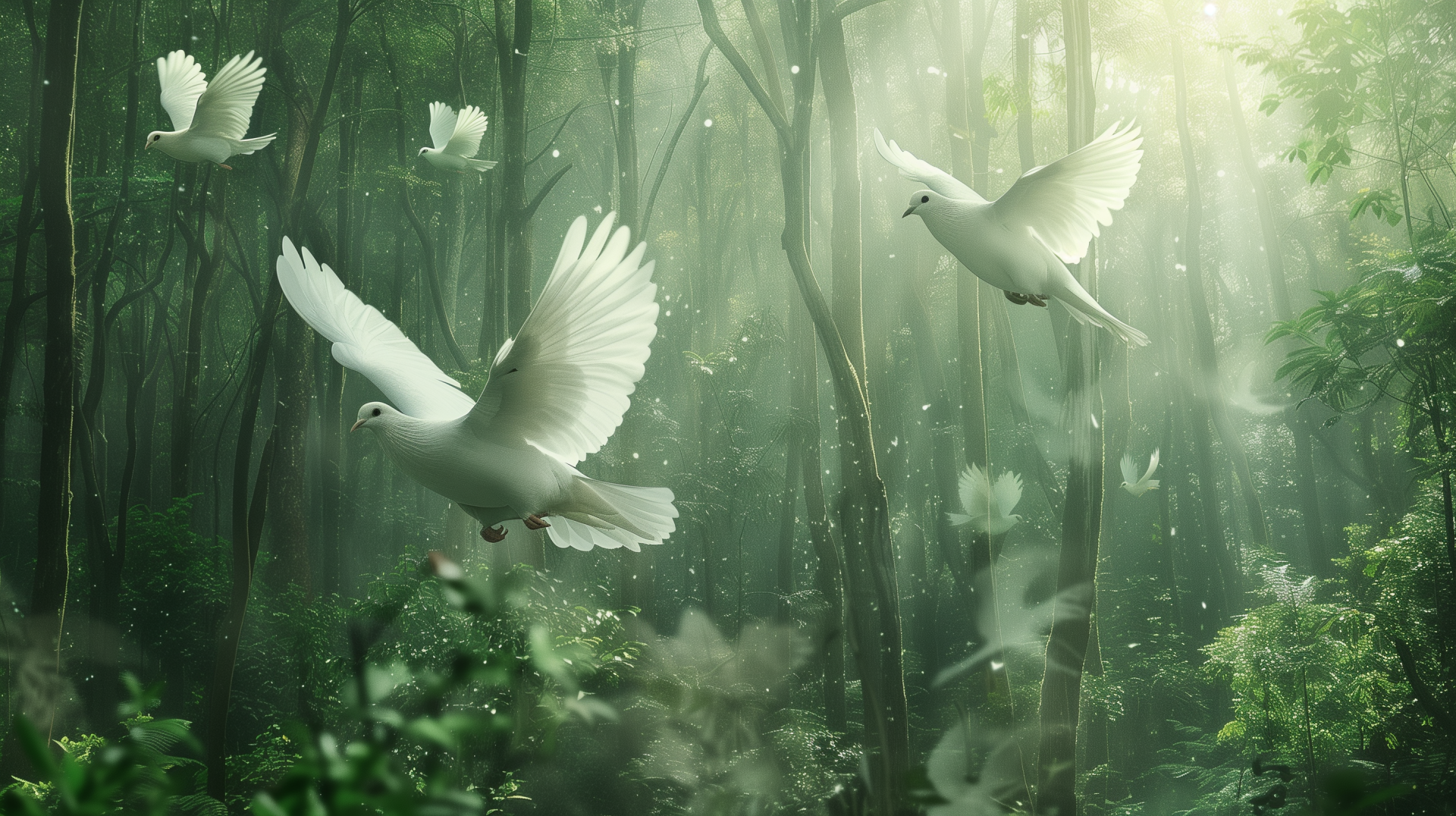 HD desktop wallpaper featuring doves in flight within a serene, sunlit forest.