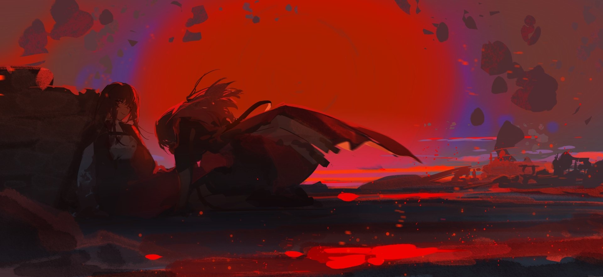 4K Ultra HD wallpaper featuring Kafka and Stelle from Honkai: Star Rail with a dramatic red and black color scheme.