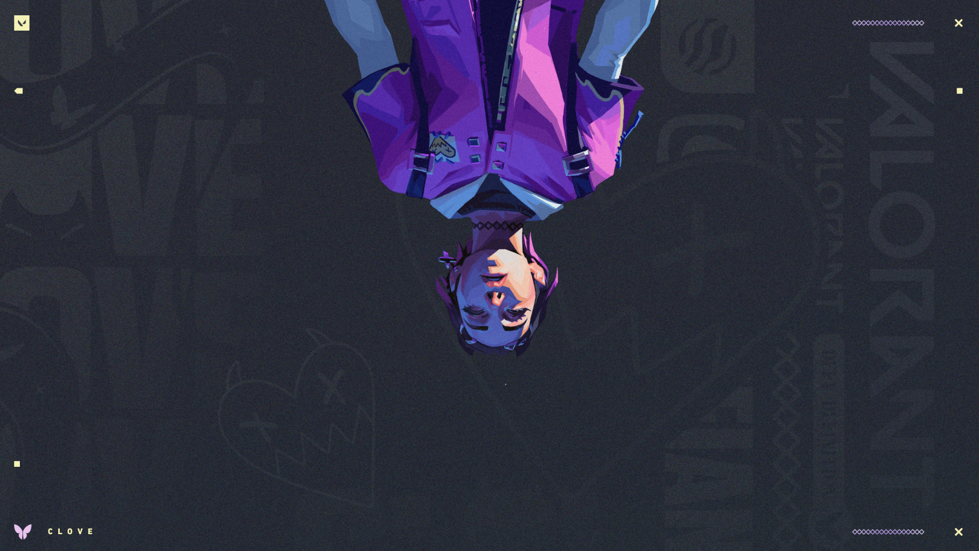 HD PC desktop wallpaper featuring Valorant character Clove with a purple jacket and dark background emphasizing the game's title and branding.