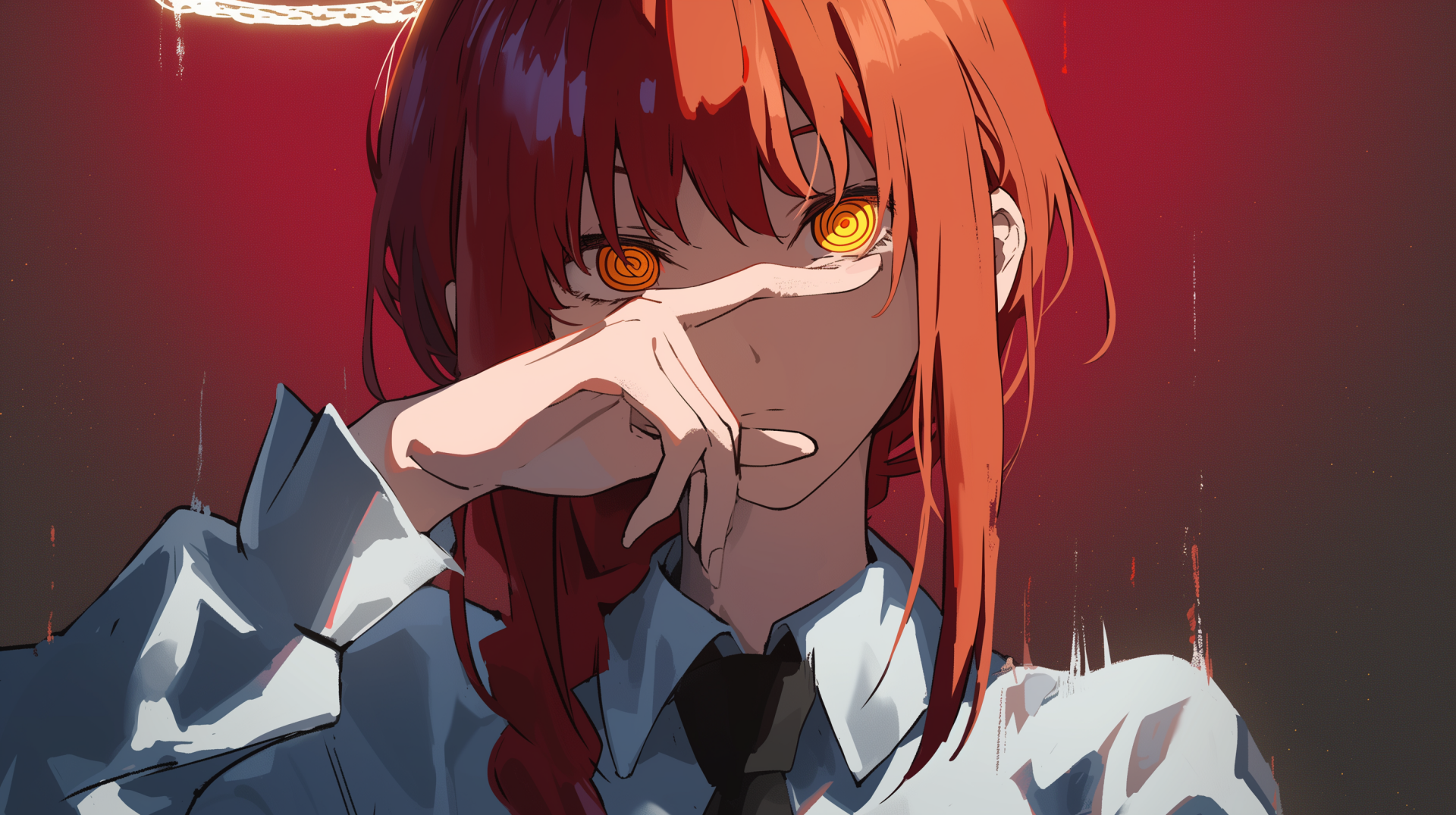 HD wallpaper featuring the enigmatic Makima from Chainsaw Man anime, with her red eyes and hair prominently displayed on a striking red background.